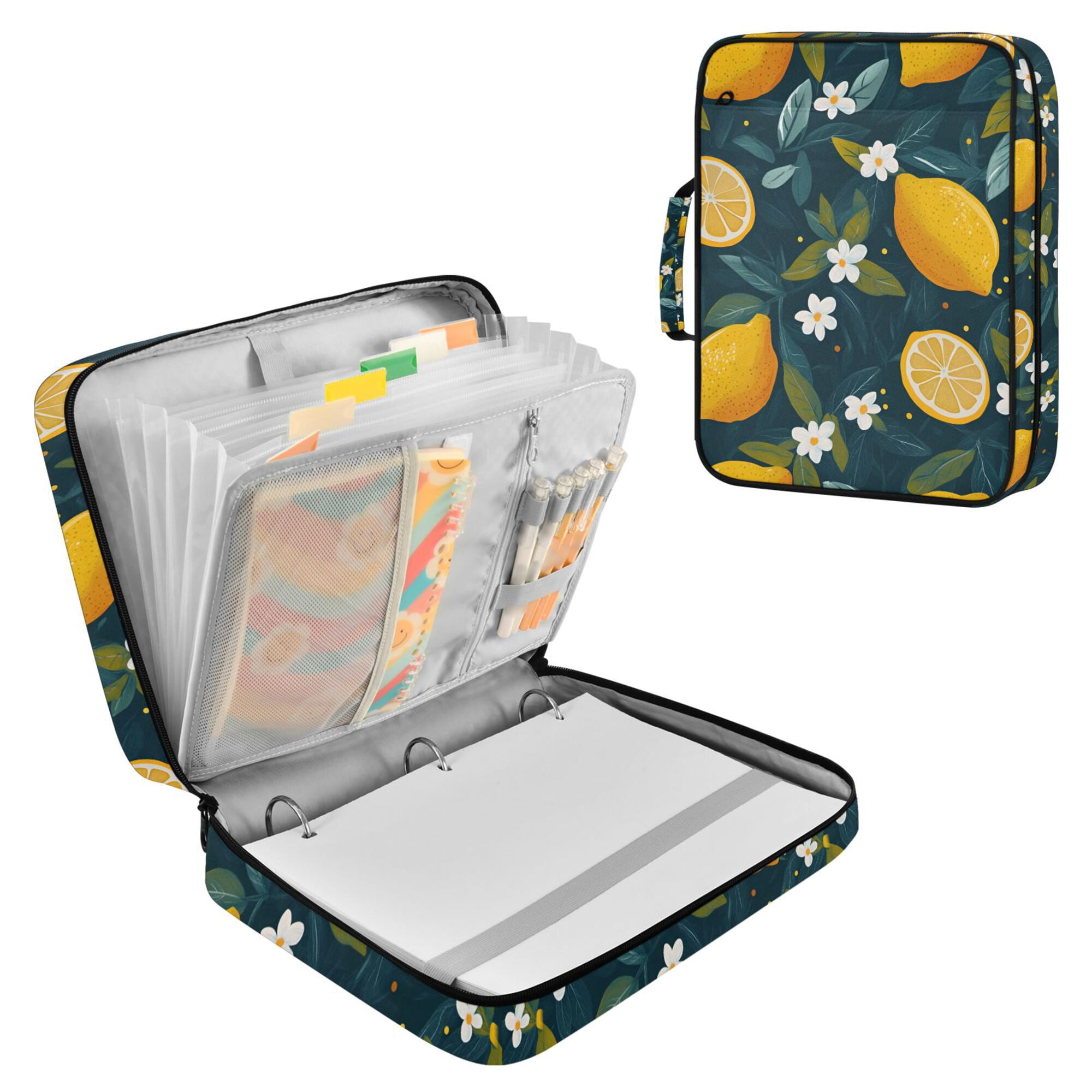 FORMRS Accordion File Folder A4 Size 7-Pocket Expanding Document Organizer Bag with 3 Ring Binder, Green Lemons