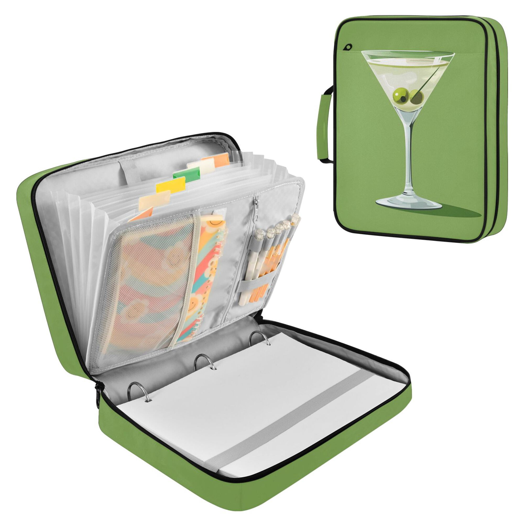 FORMRS Accordion File Folder A4 Size 7-Pocket Expanding Document Organizer Bag with 3 Ring Binder, Green Martini Glass