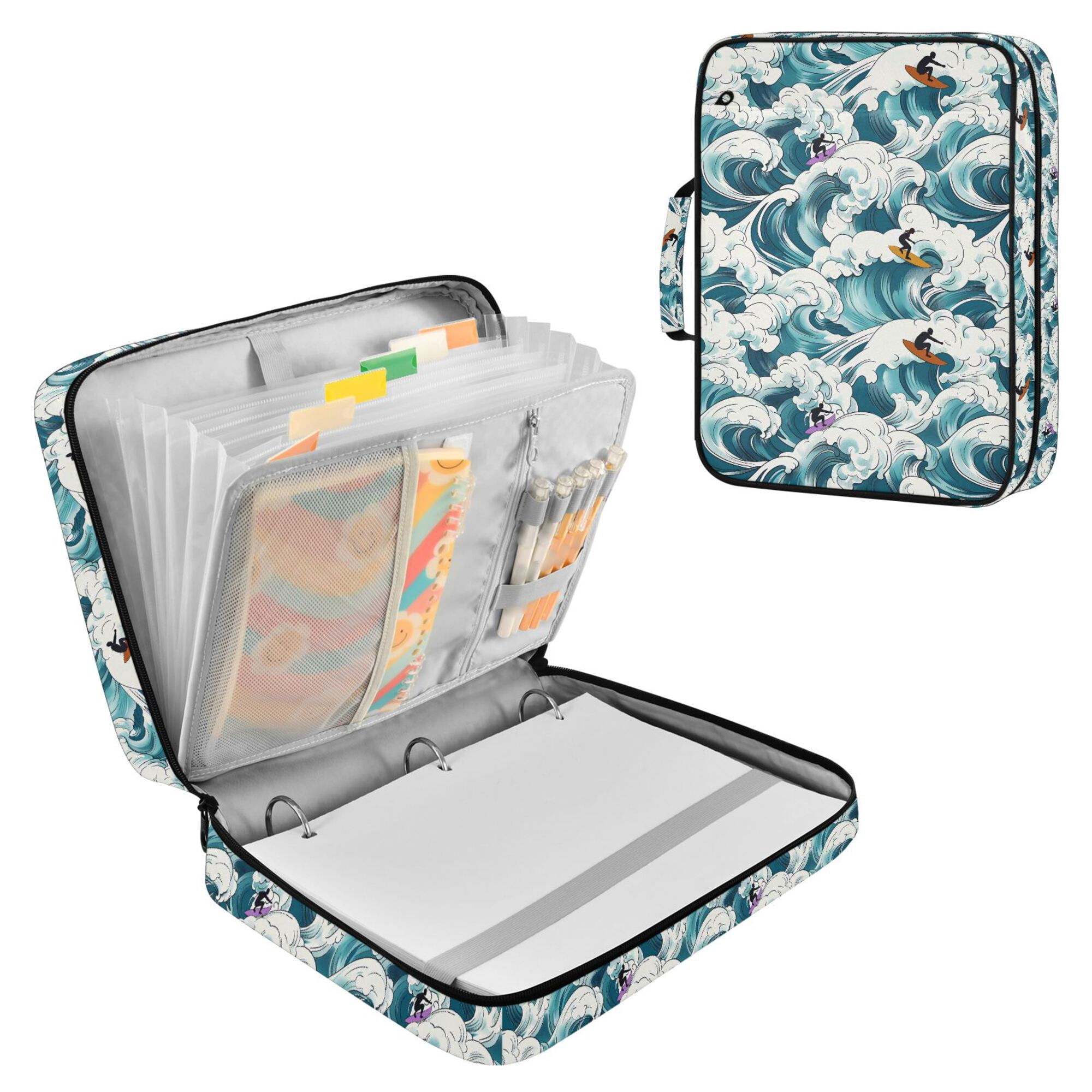 FORMRS Accordion File Folder A4 Size 7-Pocket Expanding Document Organizer Bag with 3 Ring Binder, Green Ocean Waves Pattern