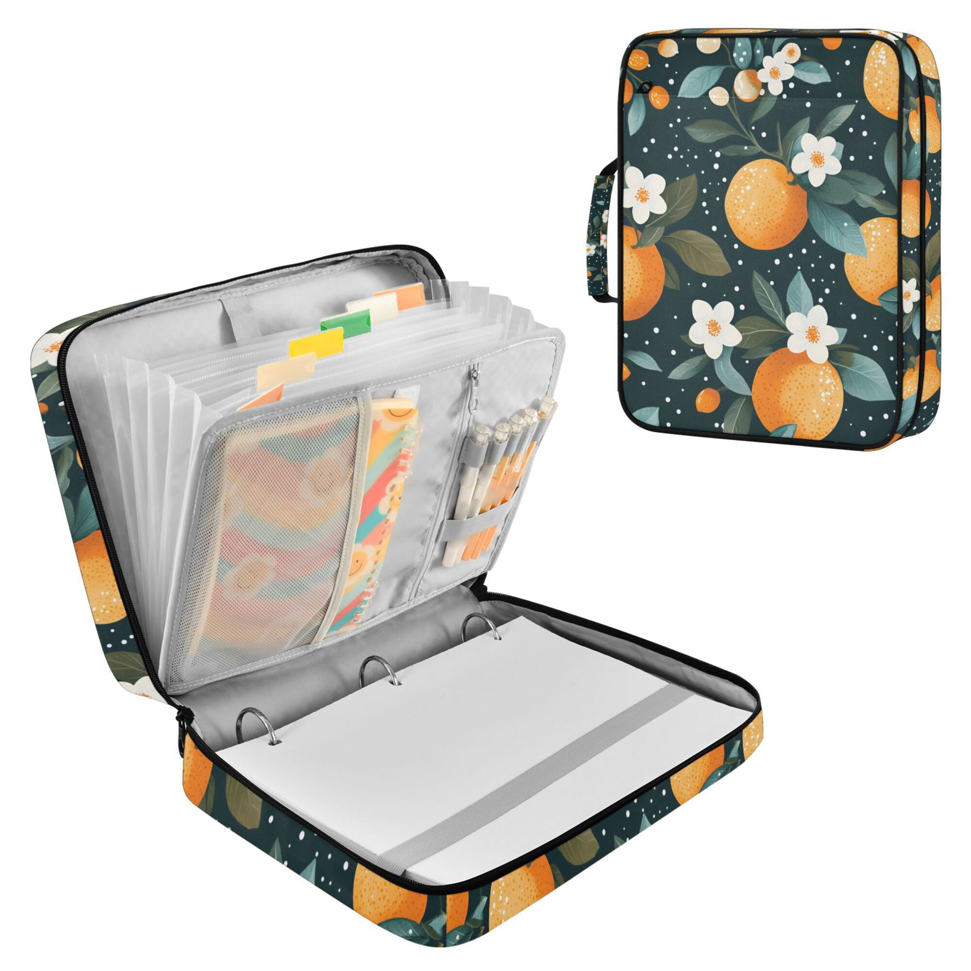FORMRS Accordion File Folder A4 Size 7-Pocket Expanding Document Organizer Bag with 3 Ring Binder, Green Oranges