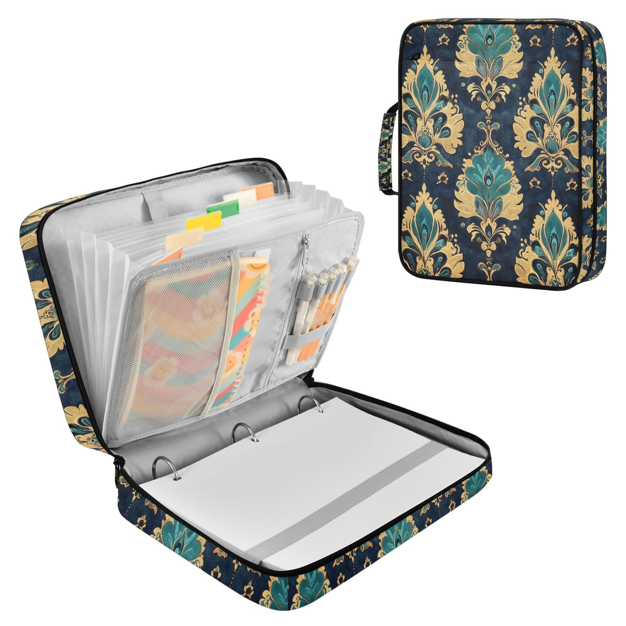 FORMRS Accordion File Folder A4 Size 7-Pocket Expanding Document Organizer Bag with 3 Ring Binder, Green Peacock Pattern