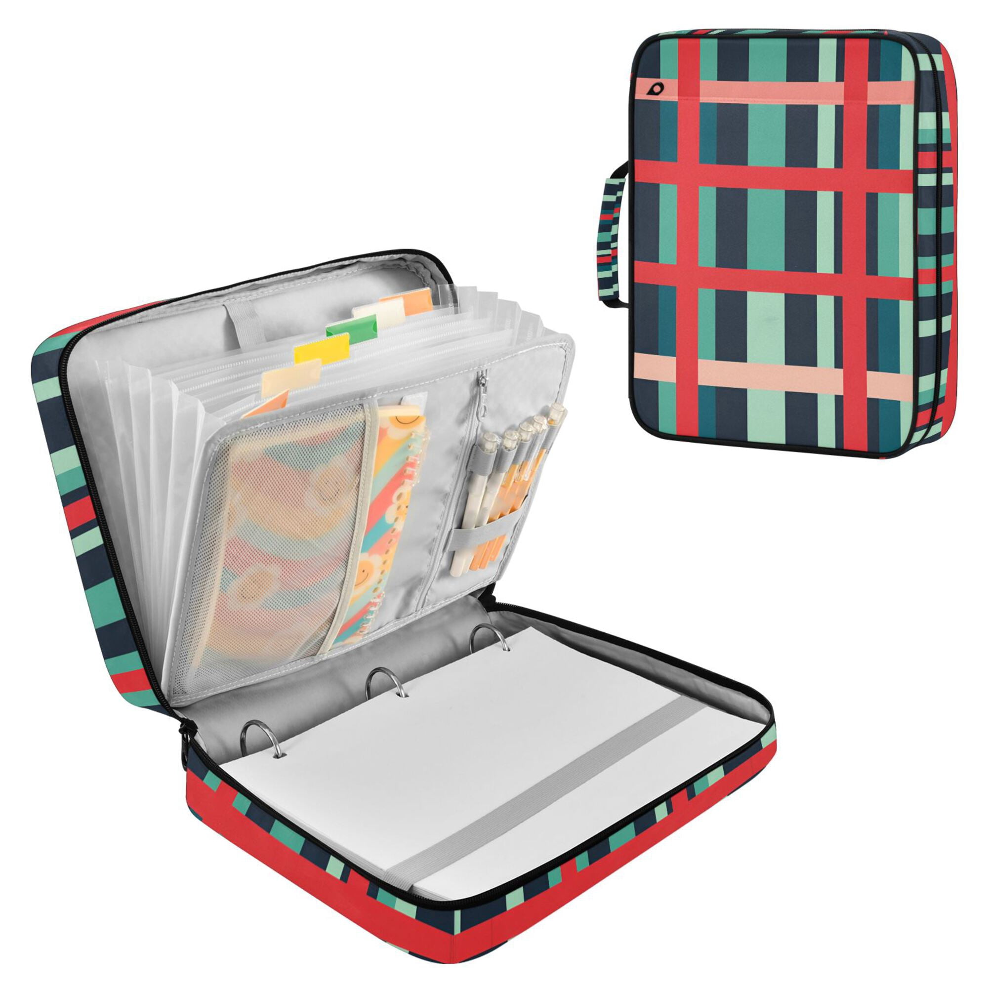 FORMRS Accordion File Folder A4 Size 7-Pocket Expanding Document Organizer Bag with 3 Ring Binder, Green Plaid