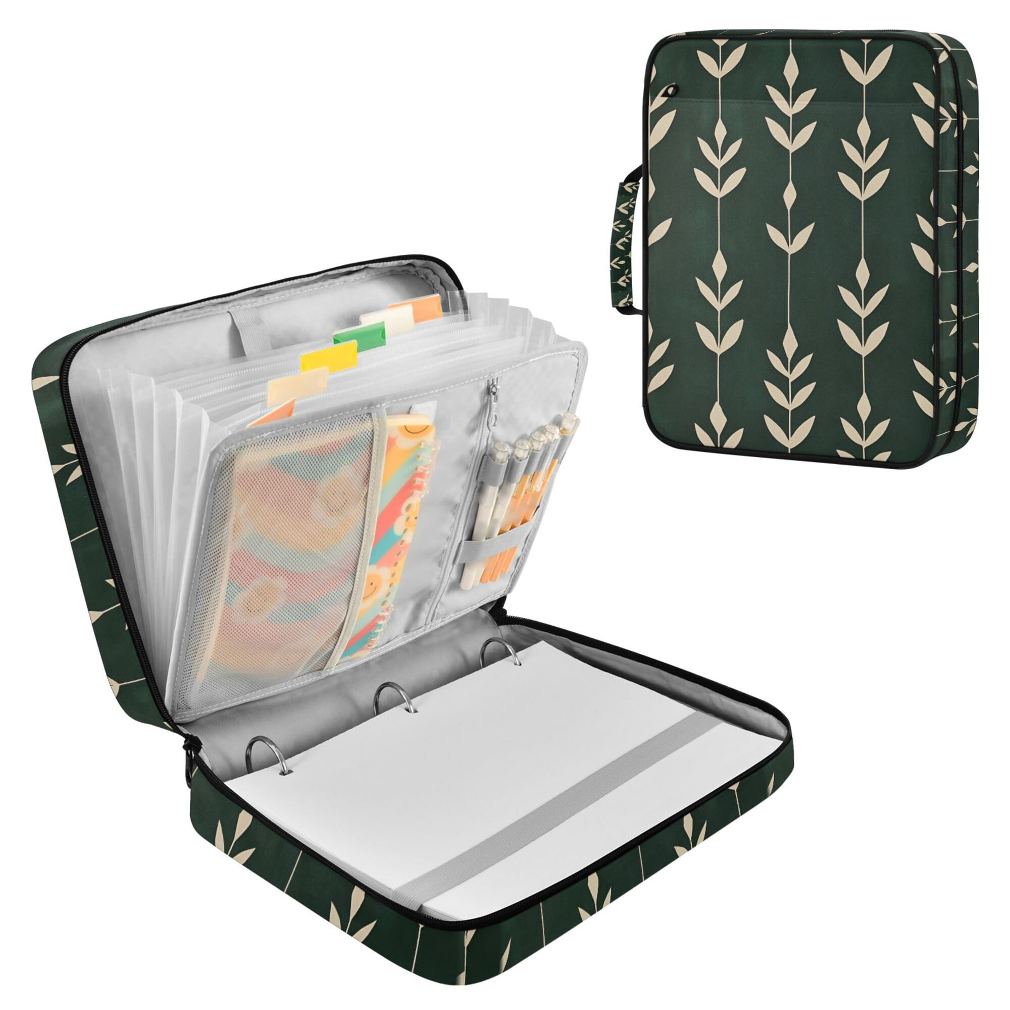 FORMRS Accordion File Folder A4 Size 7-Pocket Expanding Document Organizer Bag with 3 Ring Binder, Green Plants
