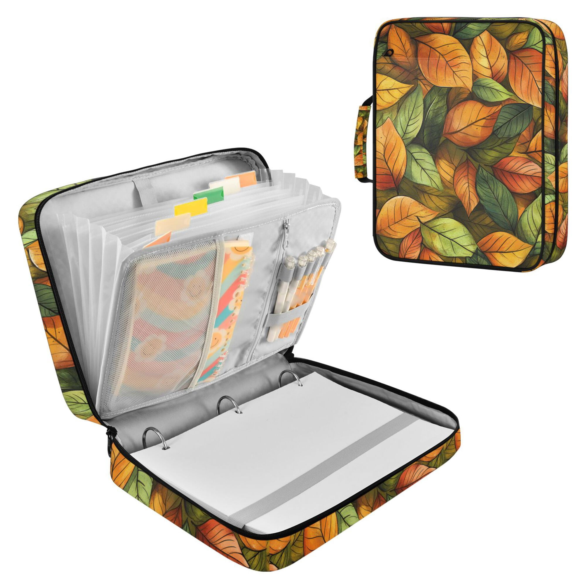 FORMRS Accordion File Folder A4 Size 7-Pocket Expanding Document Organizer Bag with 3 Ring Binder, Green Retro Leaves