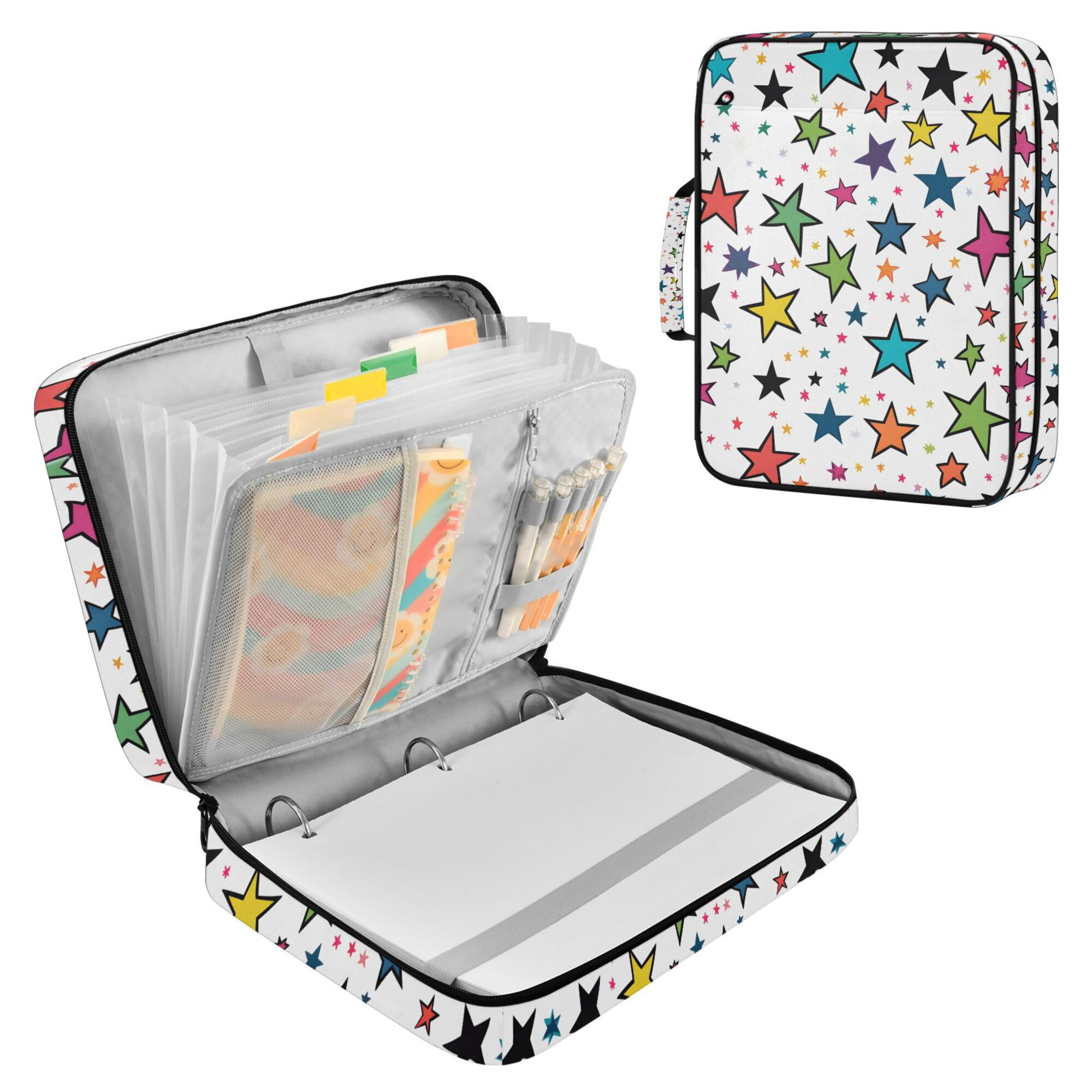 FORMRS Accordion File Folder A4 Size 7-Pocket Expanding Document Organizer Bag with 3 Ring Binder, Green Stars