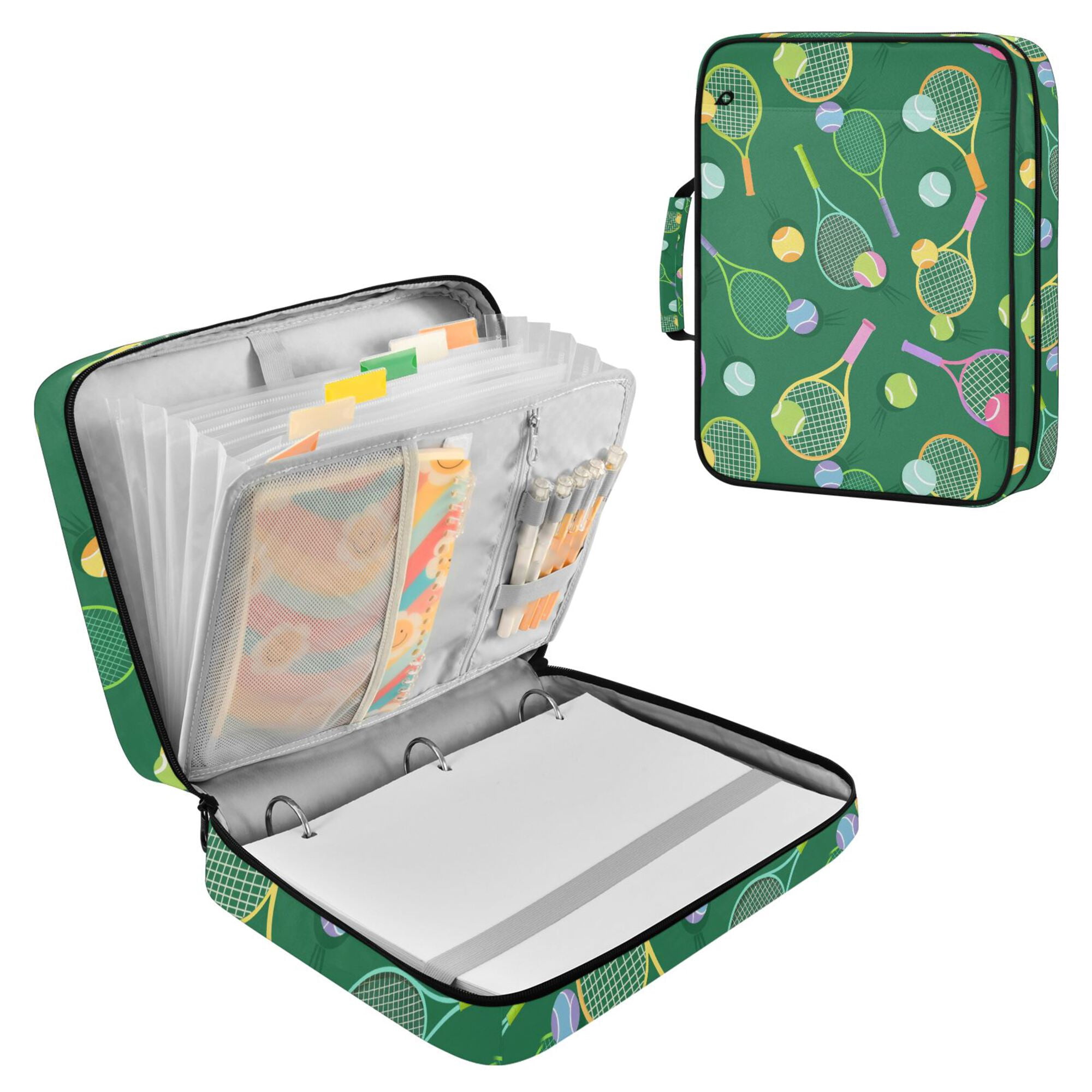 FORMRS Accordion File Folder A4 Size 7-Pocket Expanding Document Organizer Bag with 3 Ring Binder, Green Tennis Pattern