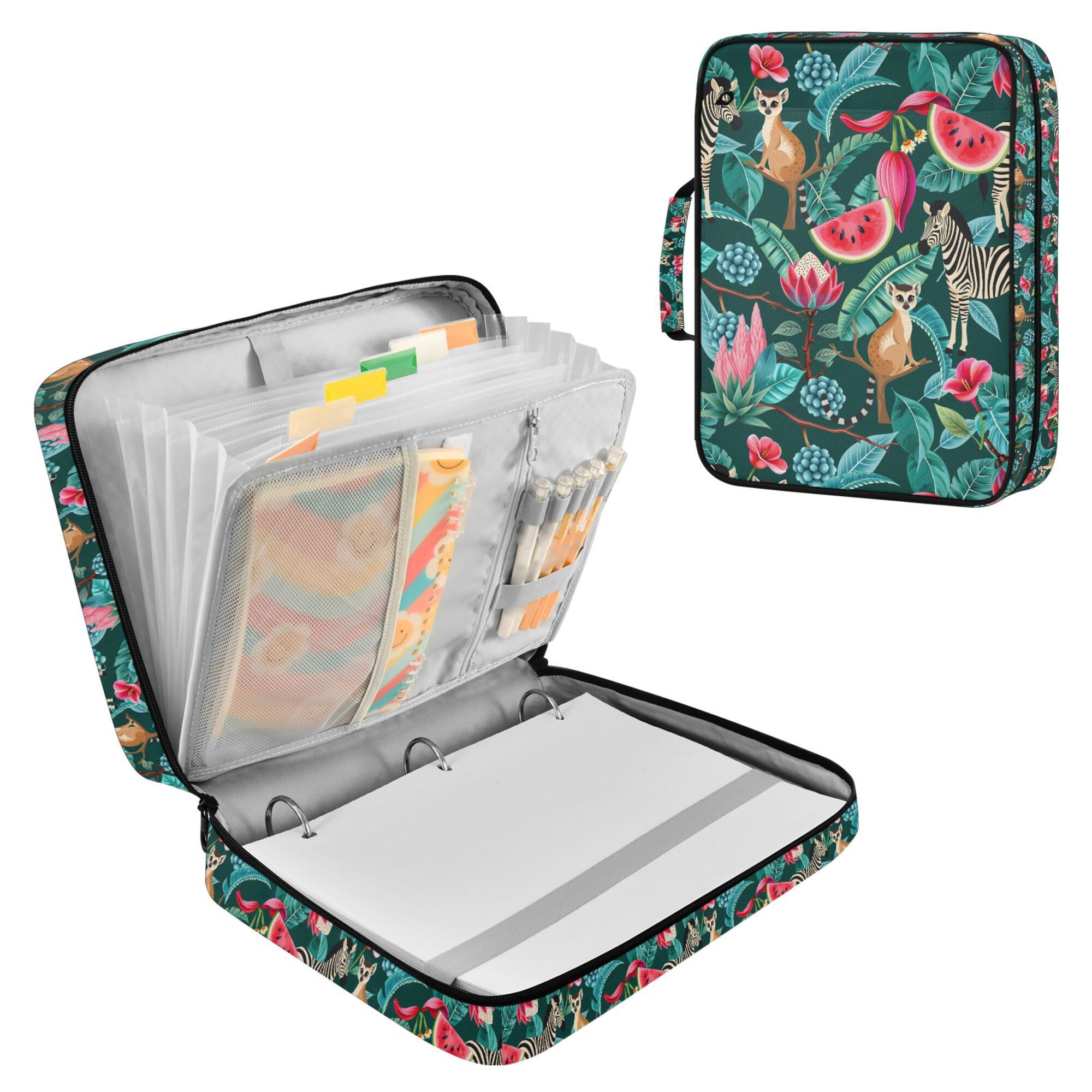 FORMRS Accordion File Folder A4 Size 7-Pocket Expanding Document Organizer Bag with 3 Ring Binder, Green Tropical Pattern