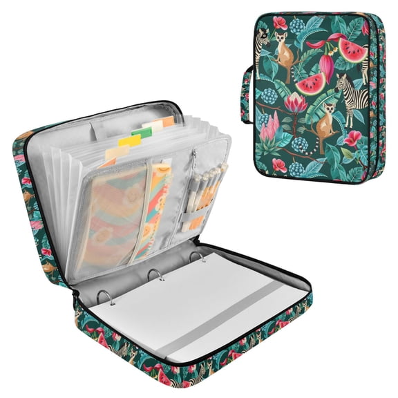 FORMRS Accordion File Folder A4 Size 7-Pocket Expanding Document Organizer Bag with 3 Ring Binder, Green Tropical Pattern