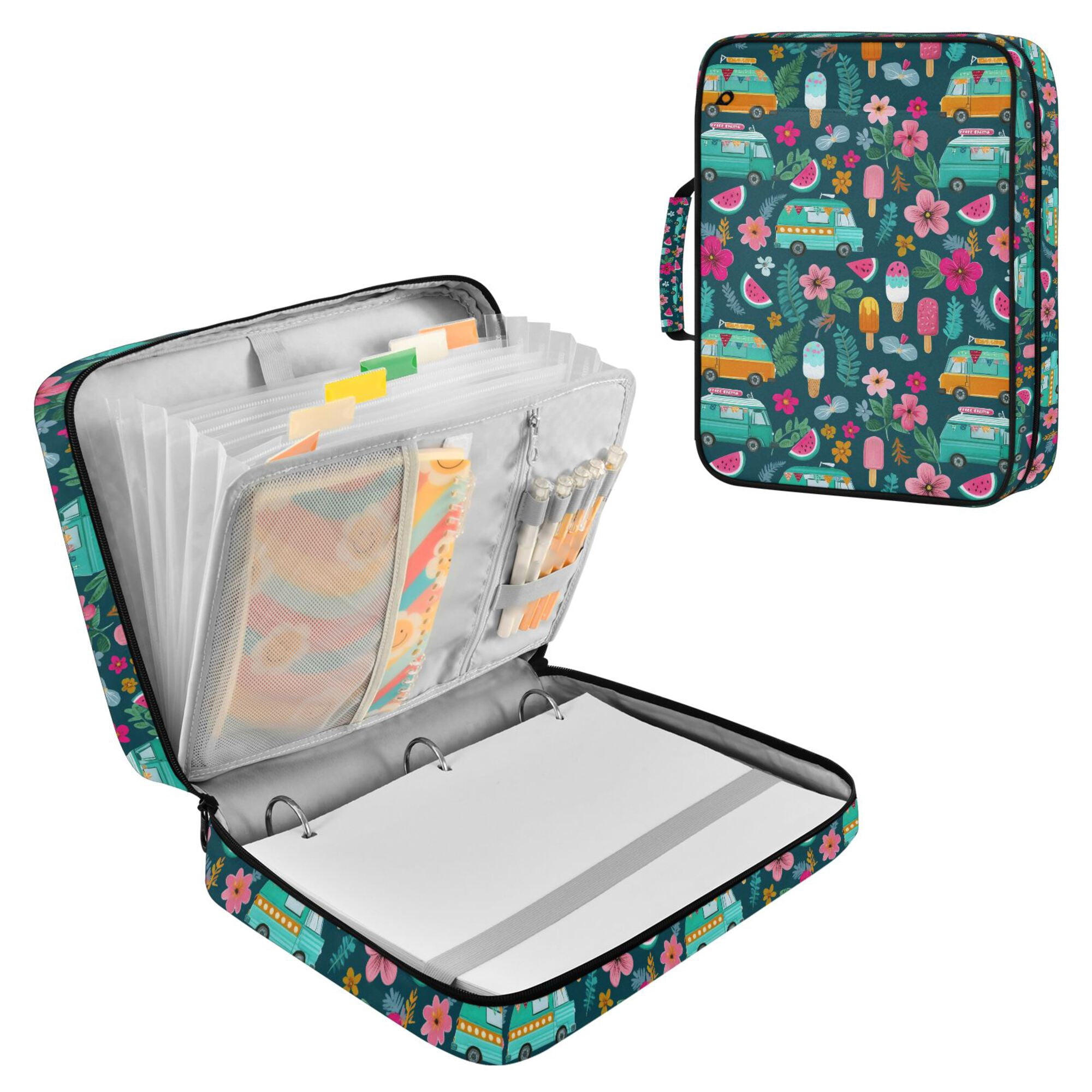 FORMRS Accordion File Folder A4 Size 7-Pocket Expanding Document Organizer Bag with 3 Ring Binder, Green Vibrant Truck Pattern
