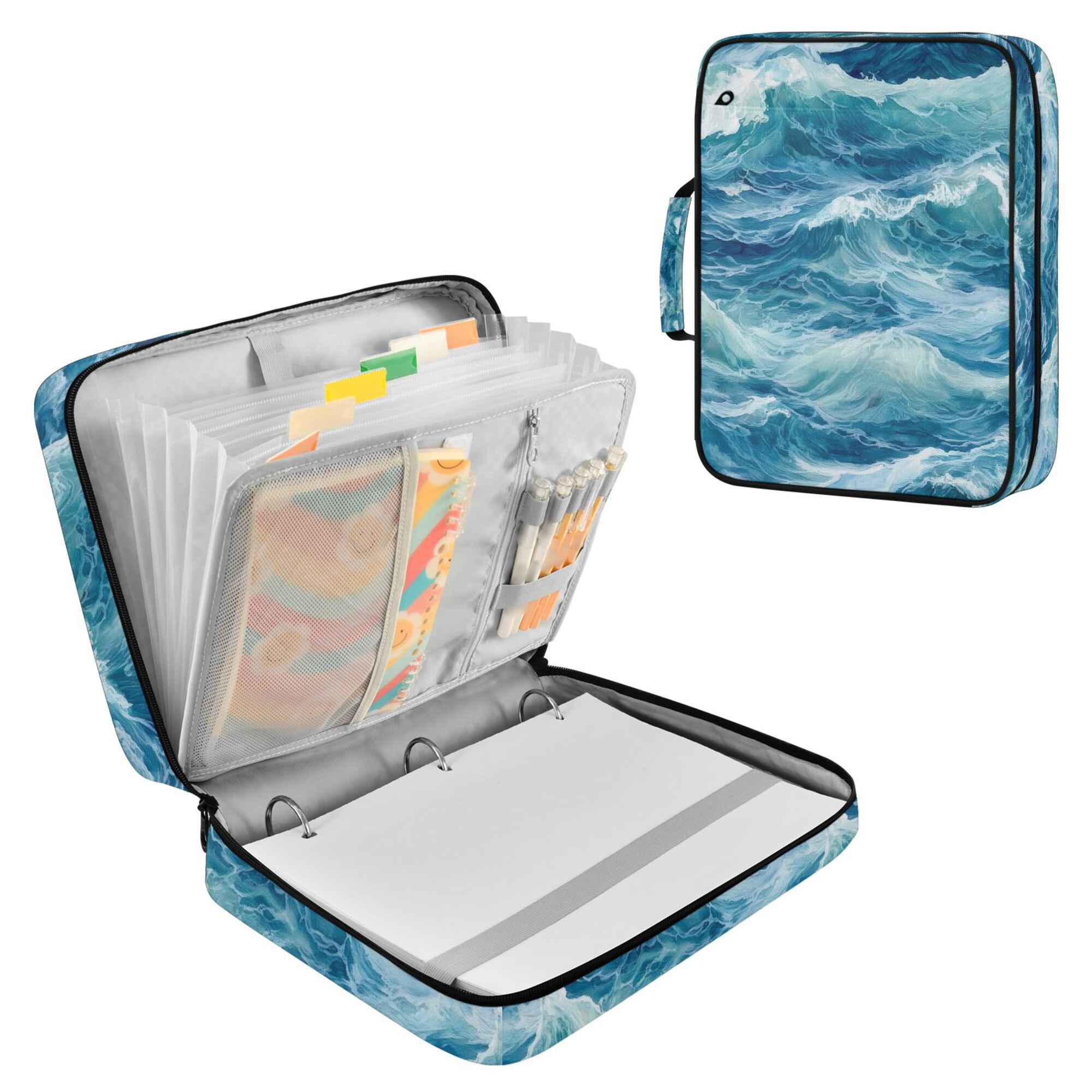 FORMRS Accordion File Folder A4 Size 7-Pocket Expanding Document Organizer Bag with 3 Ring Binder, Green Watercolor Ocean Waves