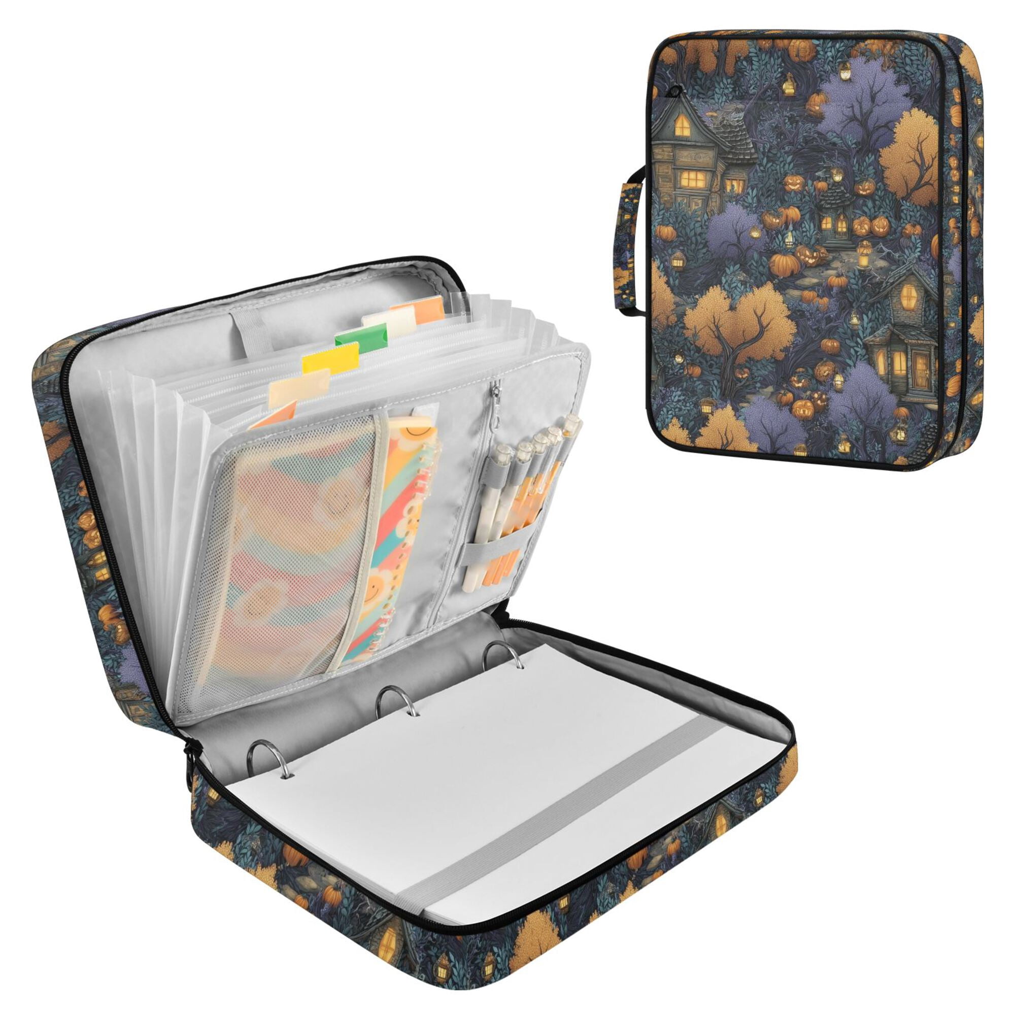 FORMRS Accordion File Folder A4 Size 7-Pocket Expanding Document Organizer Bag with 3 Ring Binder, Halloween Houses Pattern