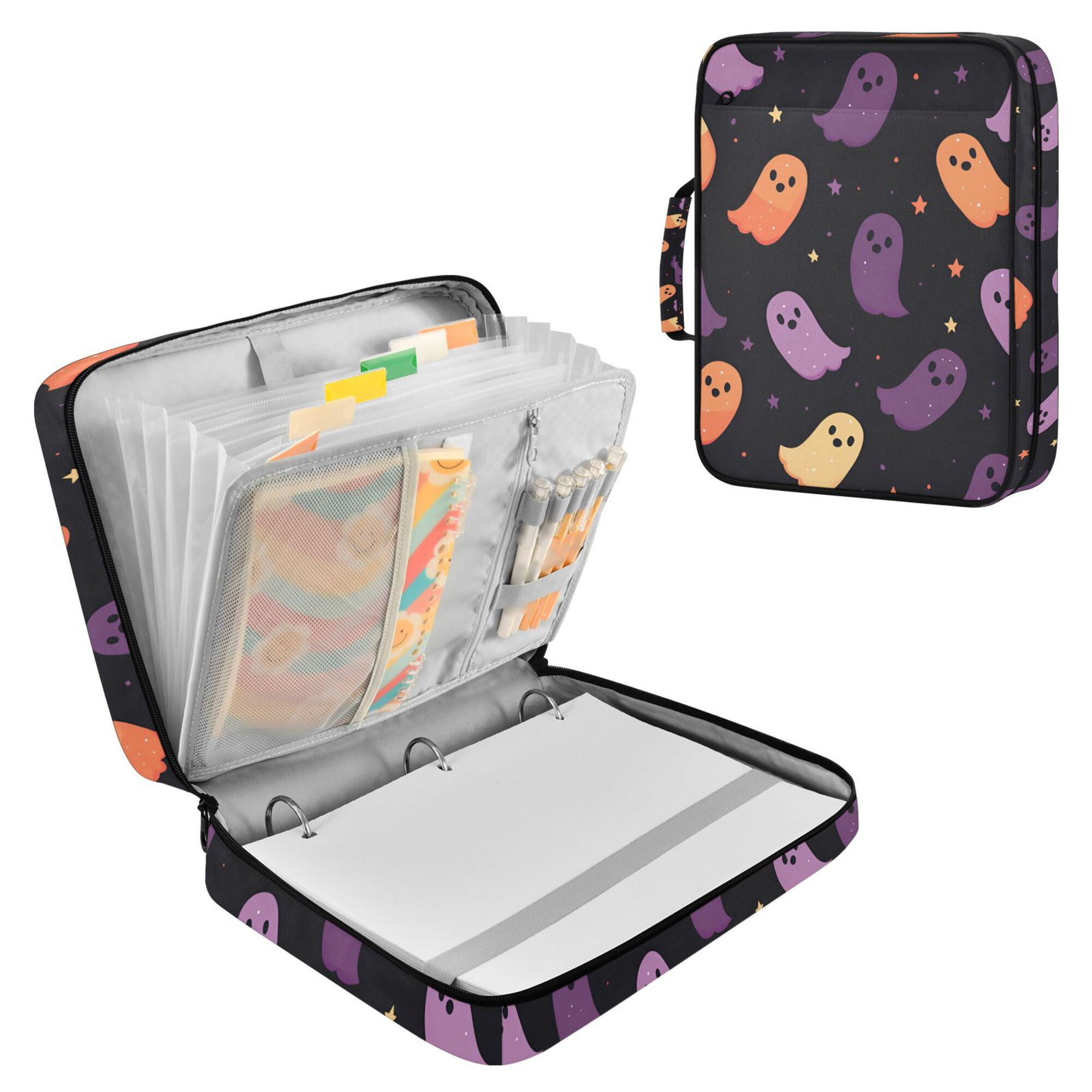 FORMRS Accordion File Folder A4 Size 7-Pocket Expanding Document Organizer Bag with 3 Ring Binder, Halloween Purple Ghosts