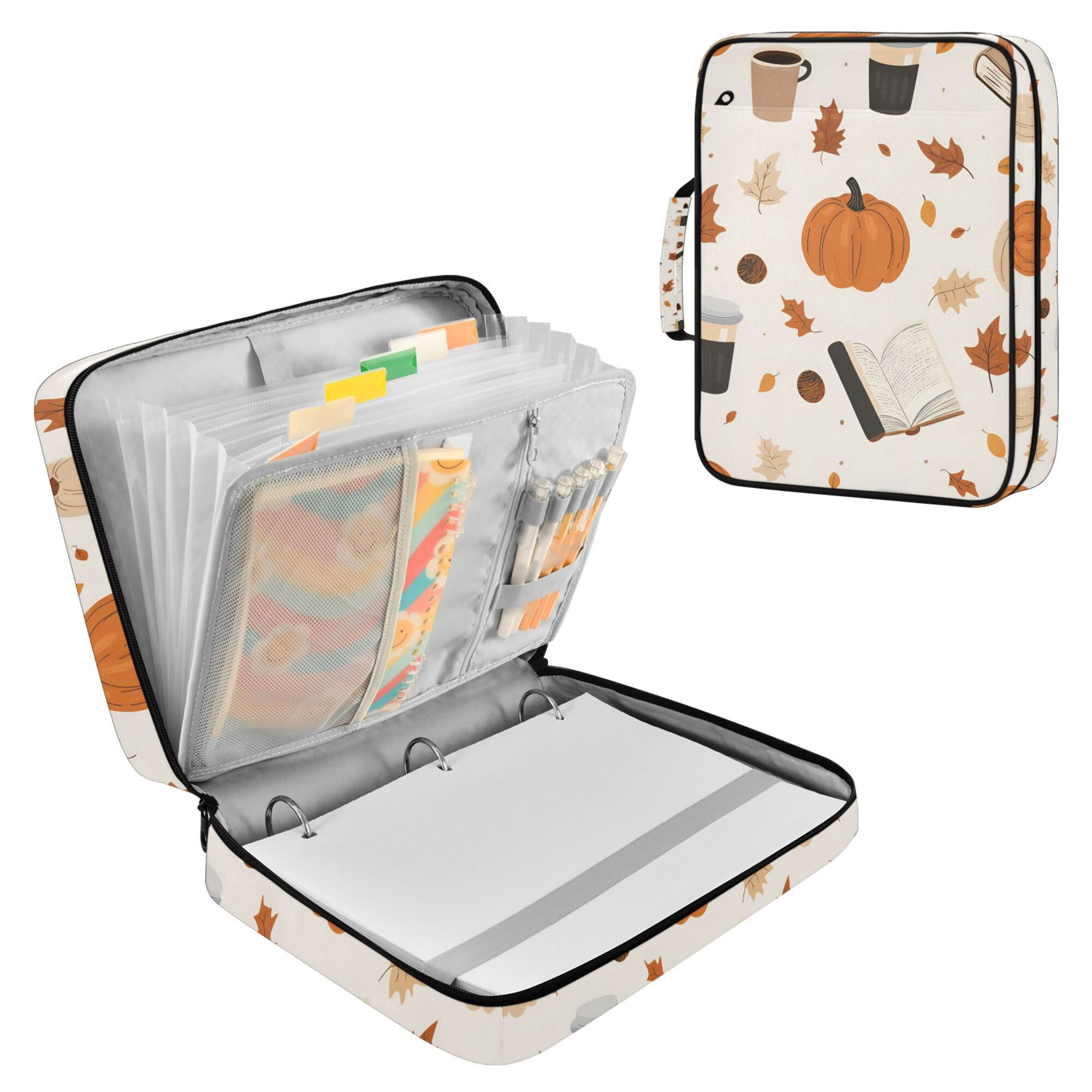 FORMRS Accordion File Folder A4 Size 7-Pocket Expanding Document Organizer Bag with 3 Ring Binder, Hand Drawn Pumpkin