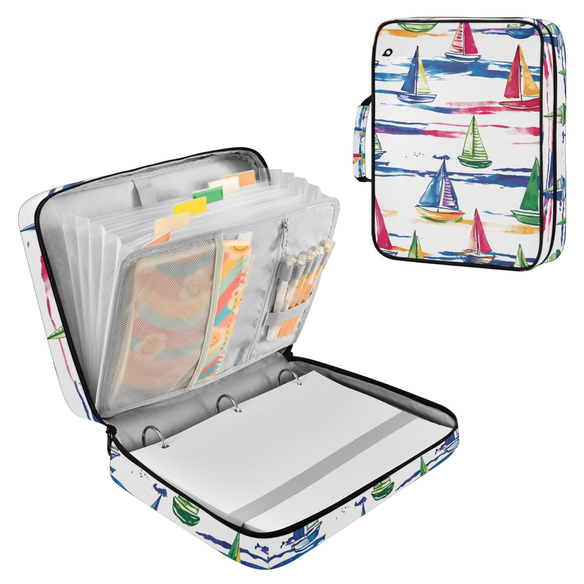 FORMRS Accordion File Folder A4 Size 7-Pocket Expanding Document Organizer Bag with 3 Ring Binder, Hand Drawn Sailboats