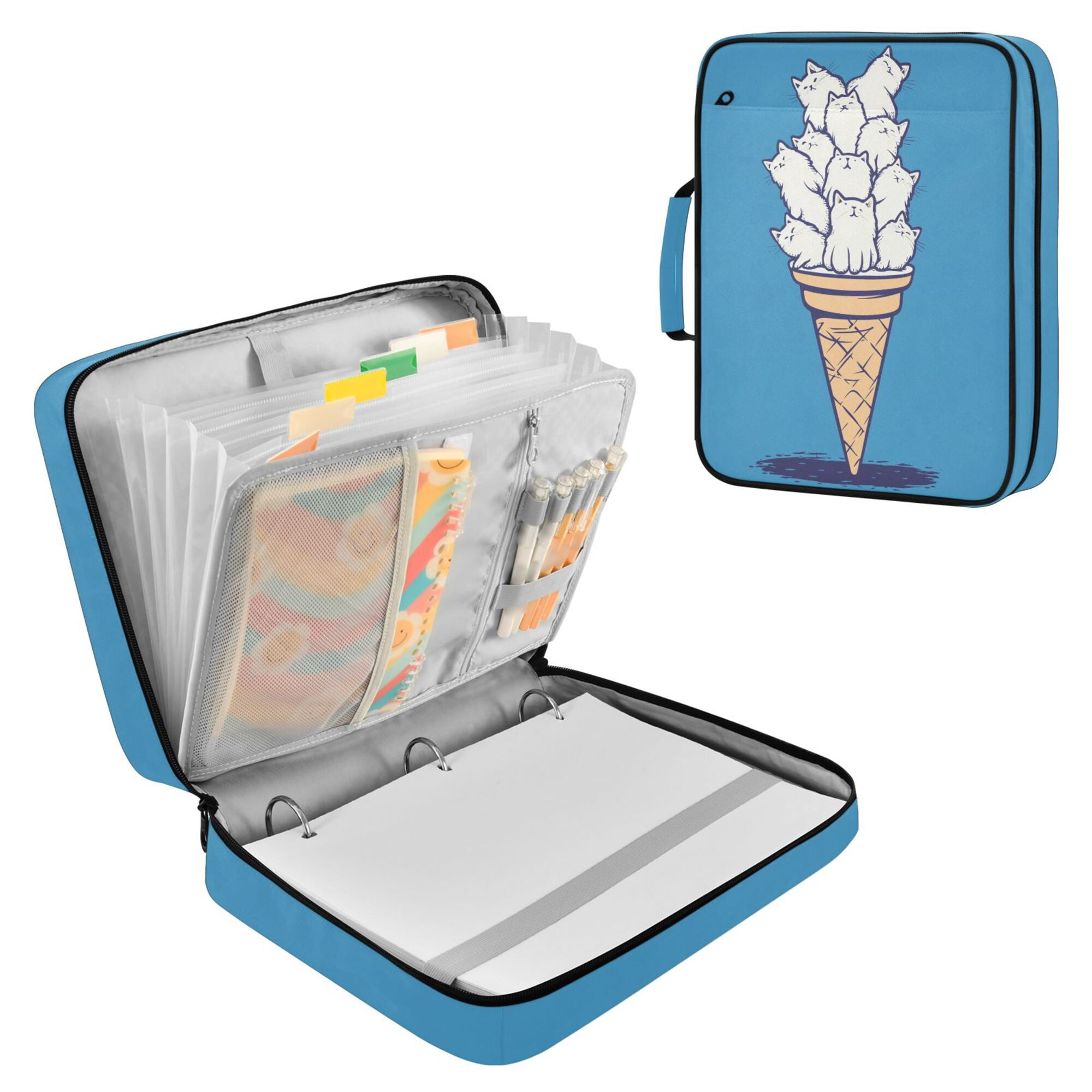 FORMRS Accordion File Folder A4 Size 7-Pocket Expanding Document Organizer Bag with 3 Ring Binder, Ice Cream Cat
