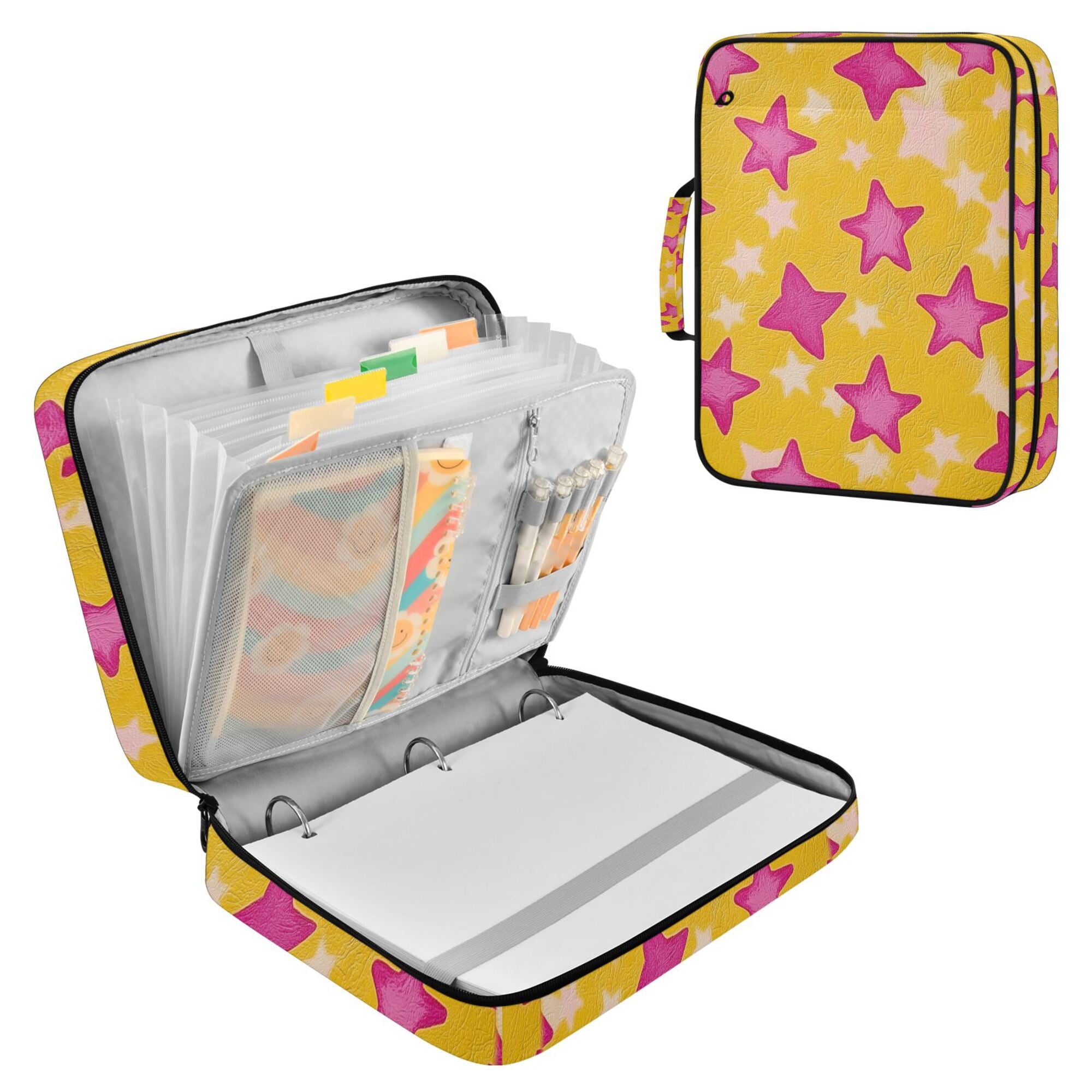 FORMRS Accordion File Folder A4 Size 7-Pocket Expanding Document Organizer Bag with 3 Ring Binder, Large Pink Stars