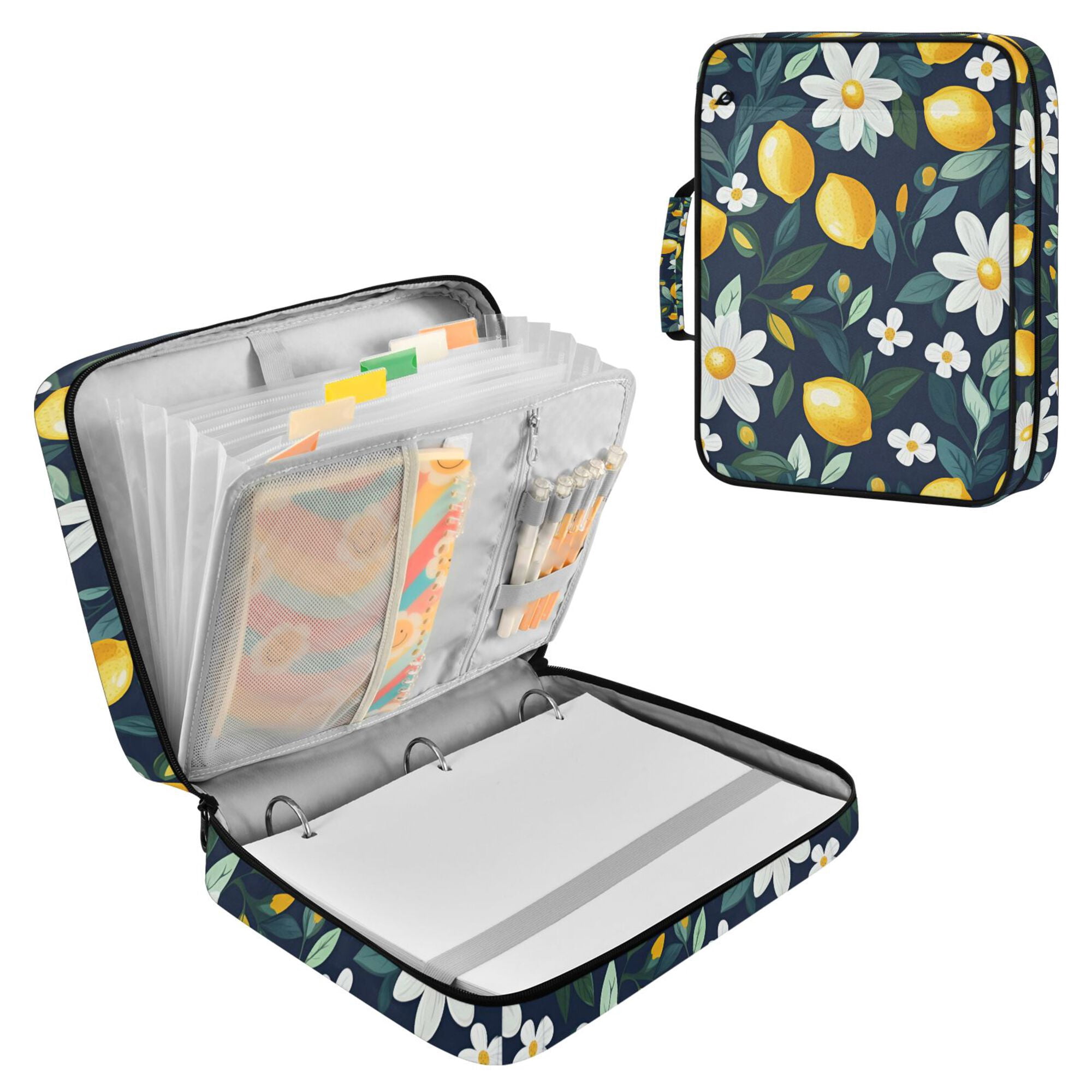 FORMRS Accordion File Folder A4 Size 7-Pocket Expanding Document Organizer Bag with 3 Ring Binder, Lemon Flowers