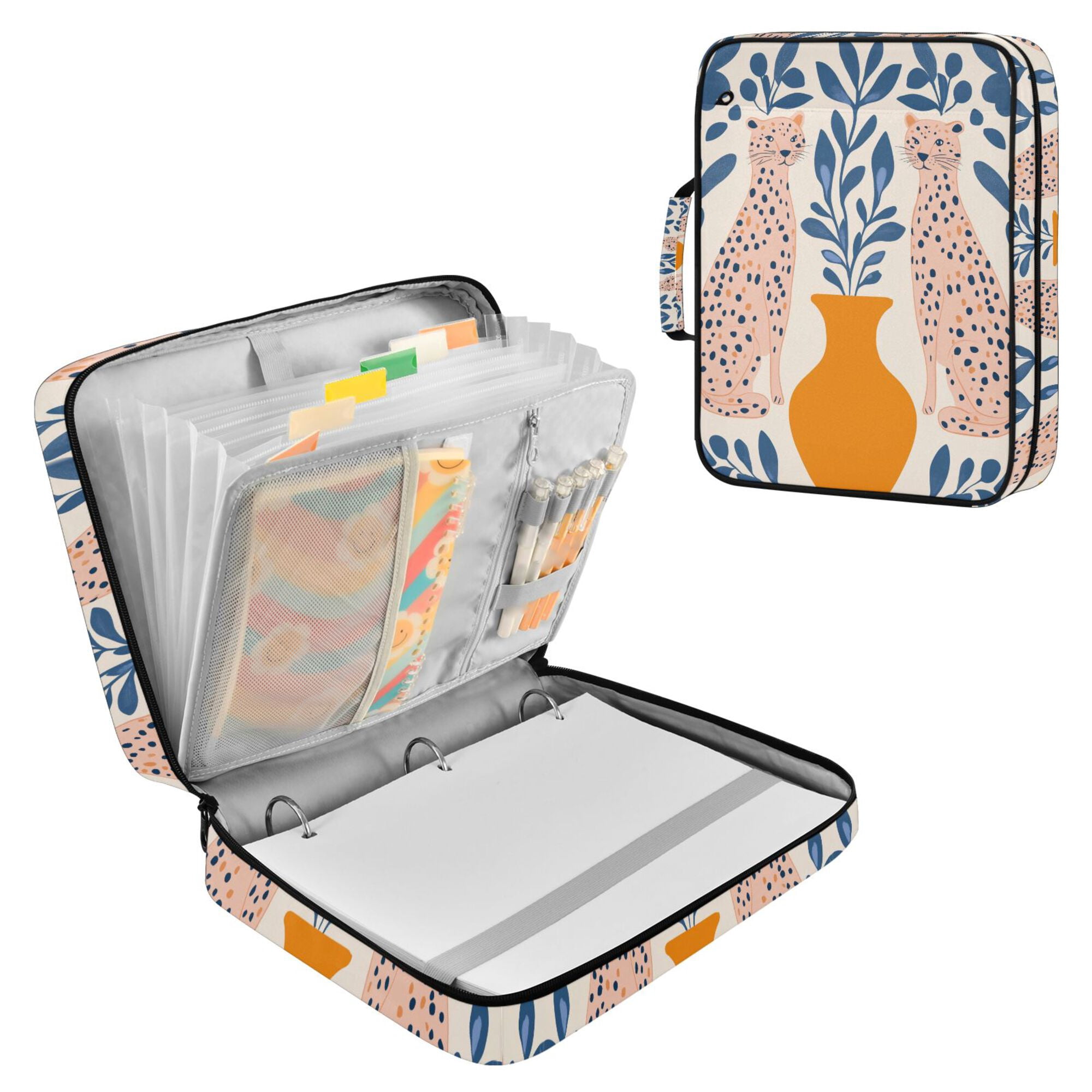 FORMRS Accordion File Folder A4 Size 7-Pocket Expanding Document Organizer Bag with 3 Ring Binder, Leopards Leaves