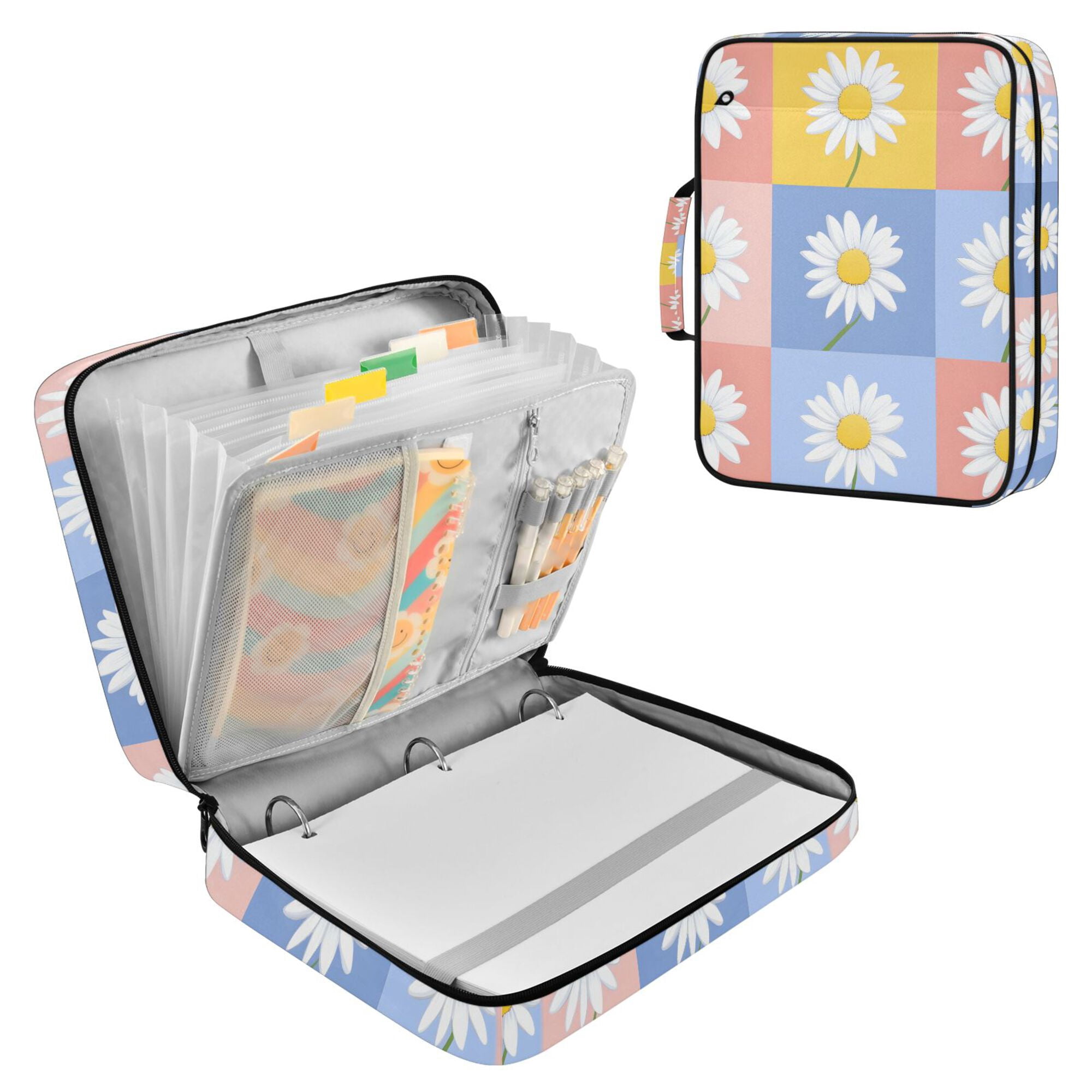 FORMRS Accordion File Folder A4 Size 7-Pocket Expanding Document Organizer Bag with 3 Ring Binder, Light Blue Daisy