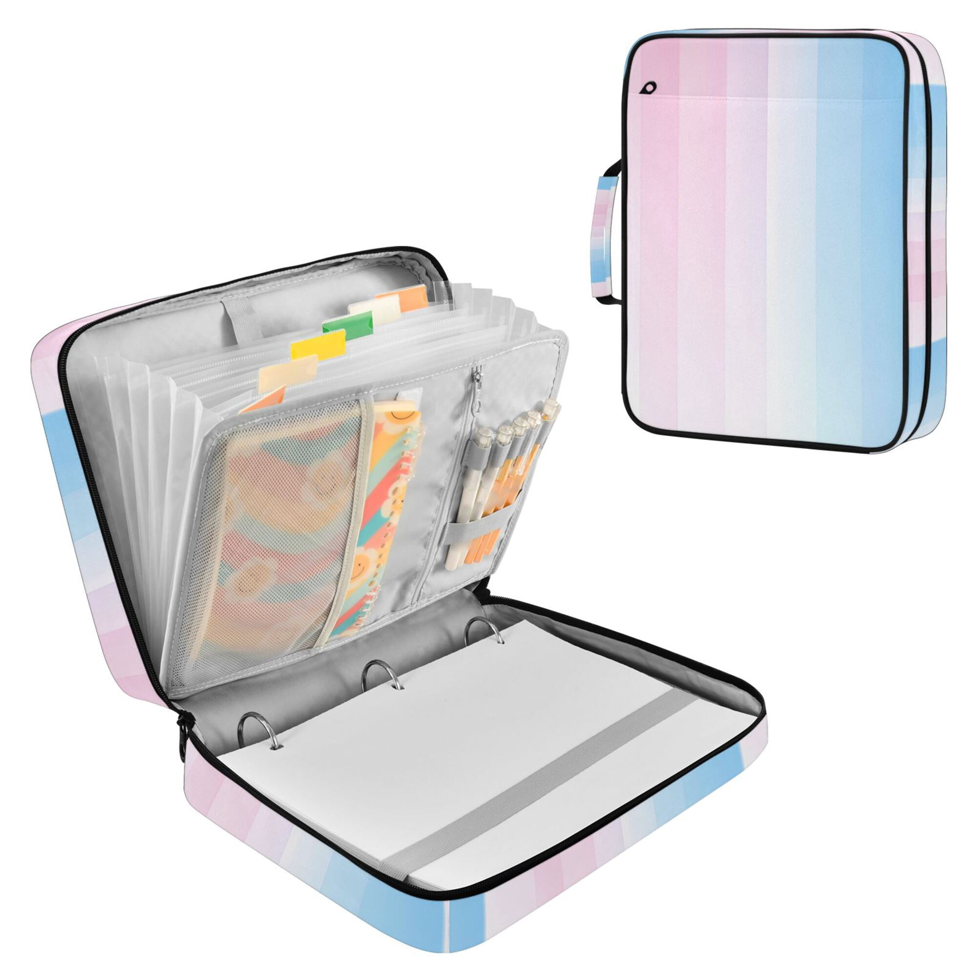 FORMRS Accordion File Folder A4 Size 7-Pocket Expanding Document Organizer Bag with 3 Ring Binder, Light Blue Stripes