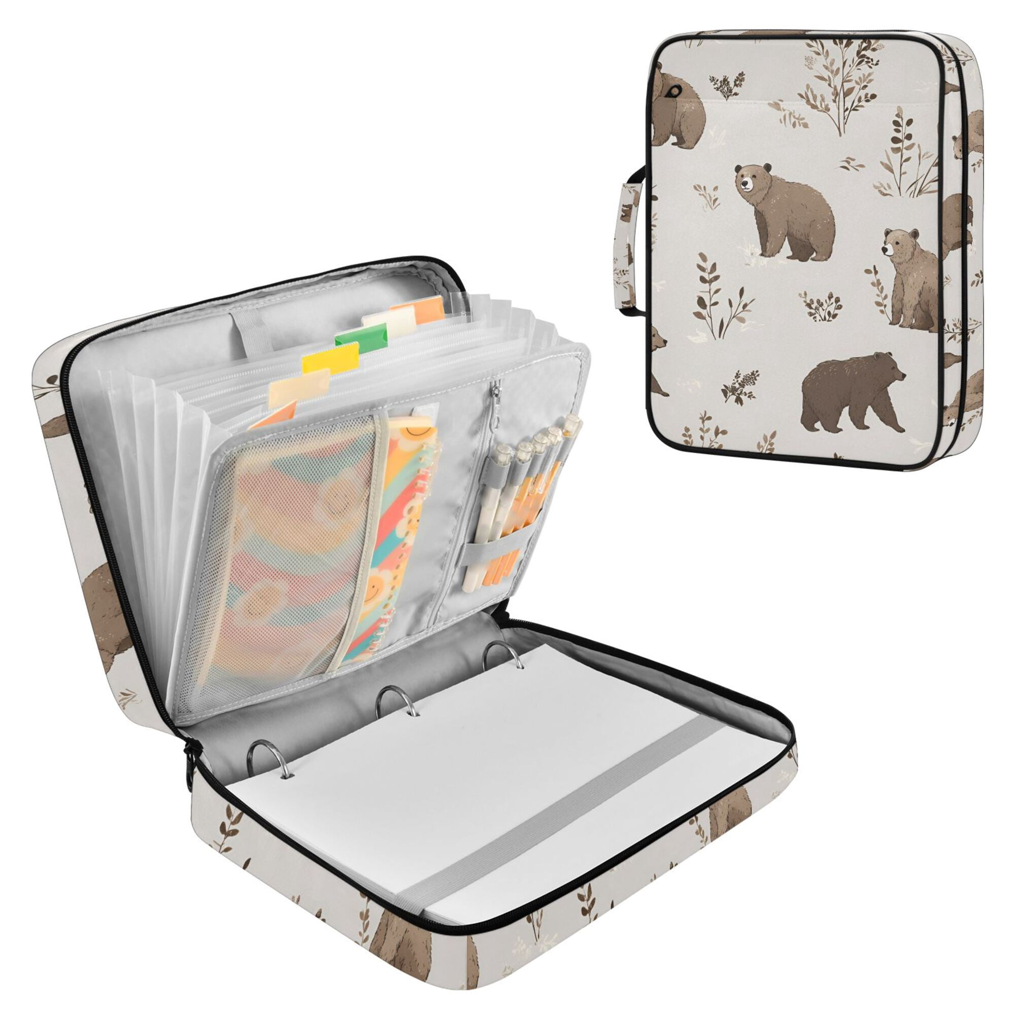 FORMRS Accordion File Folder A4 Size 7-Pocket Expanding Document Organizer Bag with 3 Ring Binder, Light Gray Bears