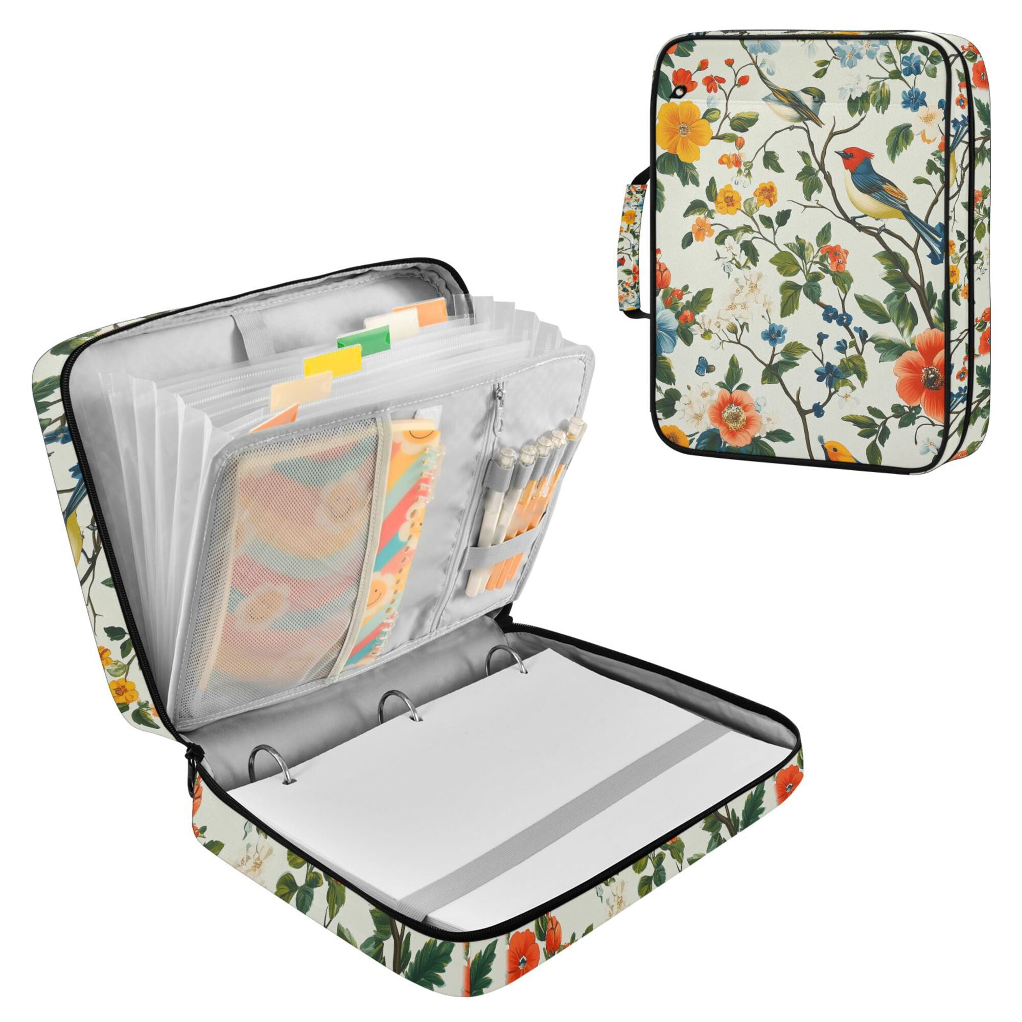 FORMRS Accordion File Folder A4 Size 7-Pocket Expanding Document Organizer Bag with 3 Ring Binder, Light Green Floral Pattern