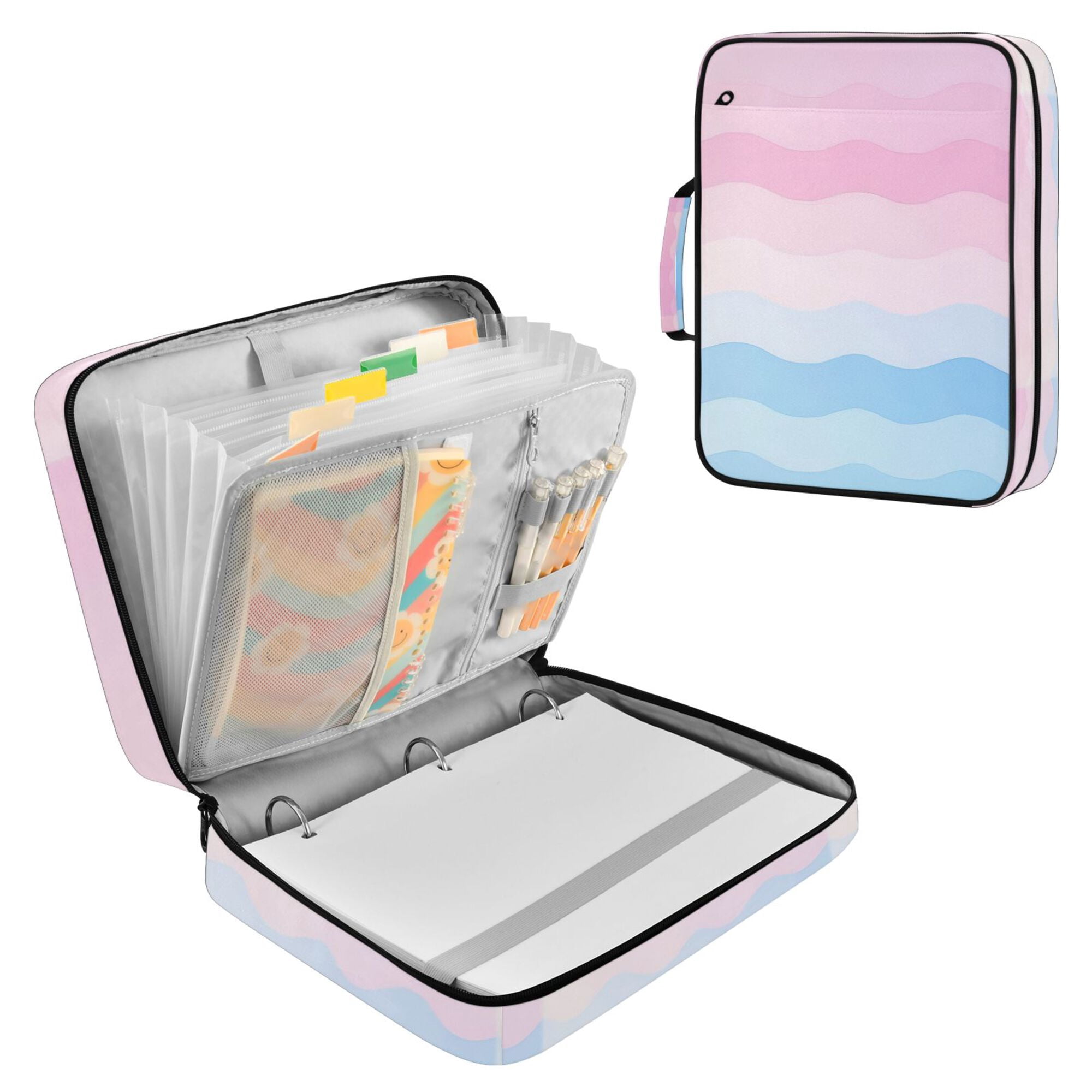 FORMRS Accordion File Folder A4 Size 7-Pocket Expanding Document Organizer Bag with 3 Ring Binder, Light Pink Stripes