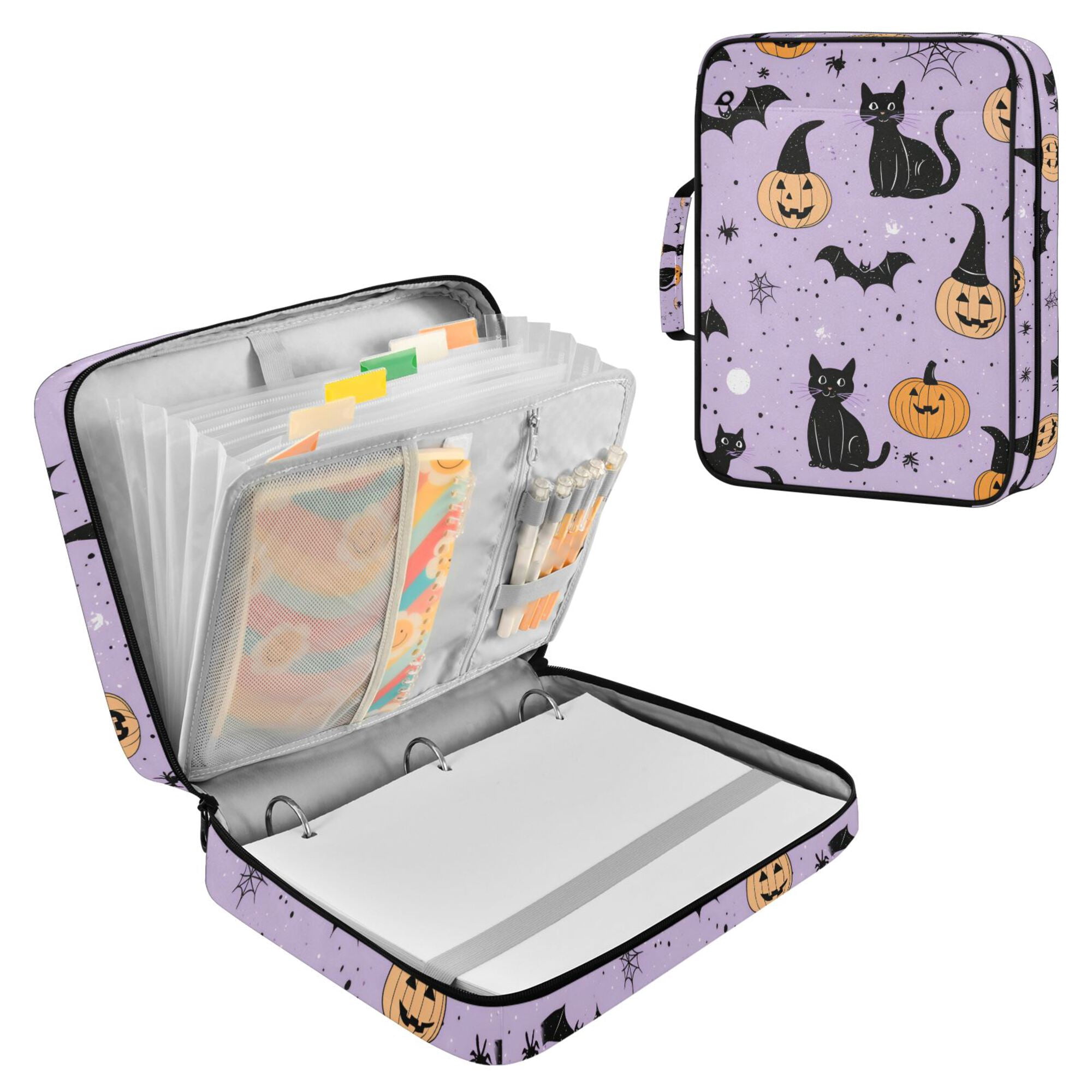 FORMRS Accordion File Folder A4 Size 7-Pocket Expanding Document Organizer Bag with 3 Ring Binder, Light Purple Halloween Black Cat