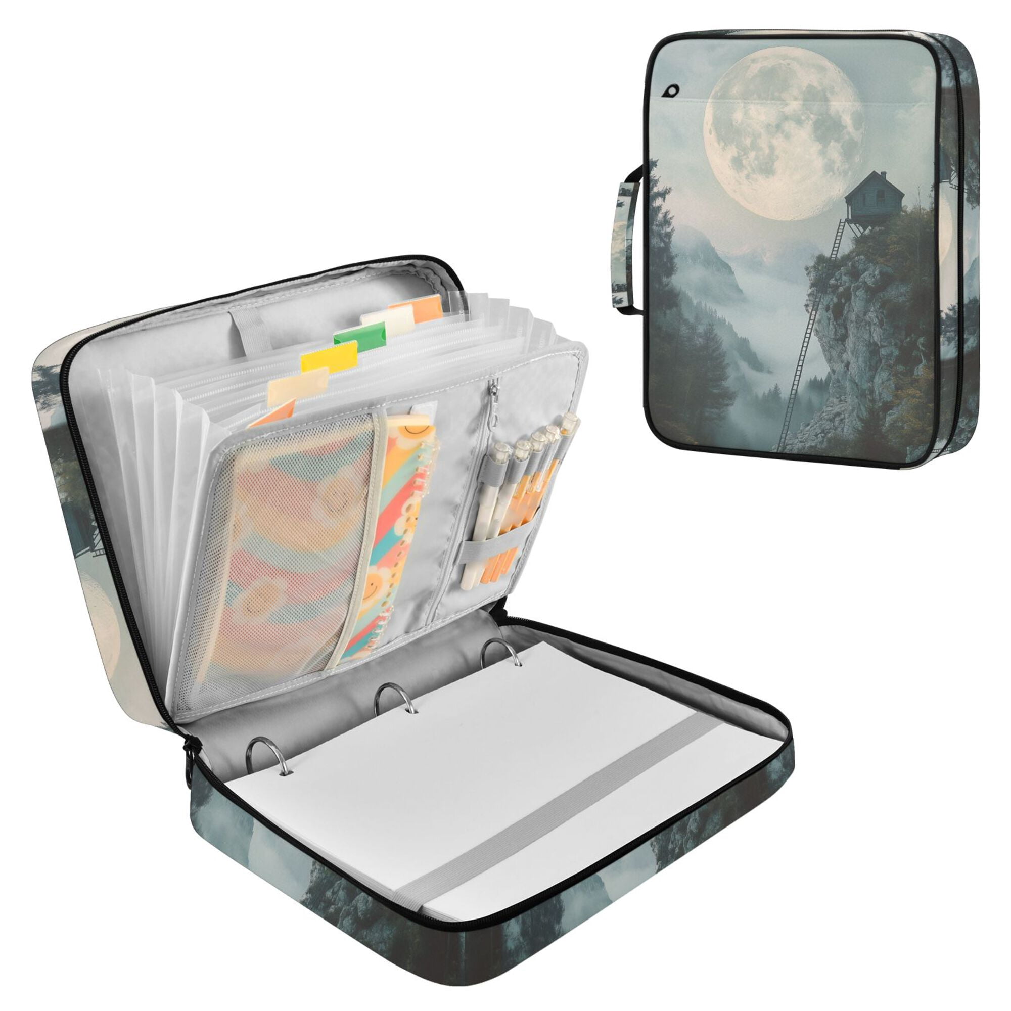 FORMRS Accordion File Folder A4 Size 7-Pocket Expanding Document Organizer Bag with 3 Ring Binder, Moon and House