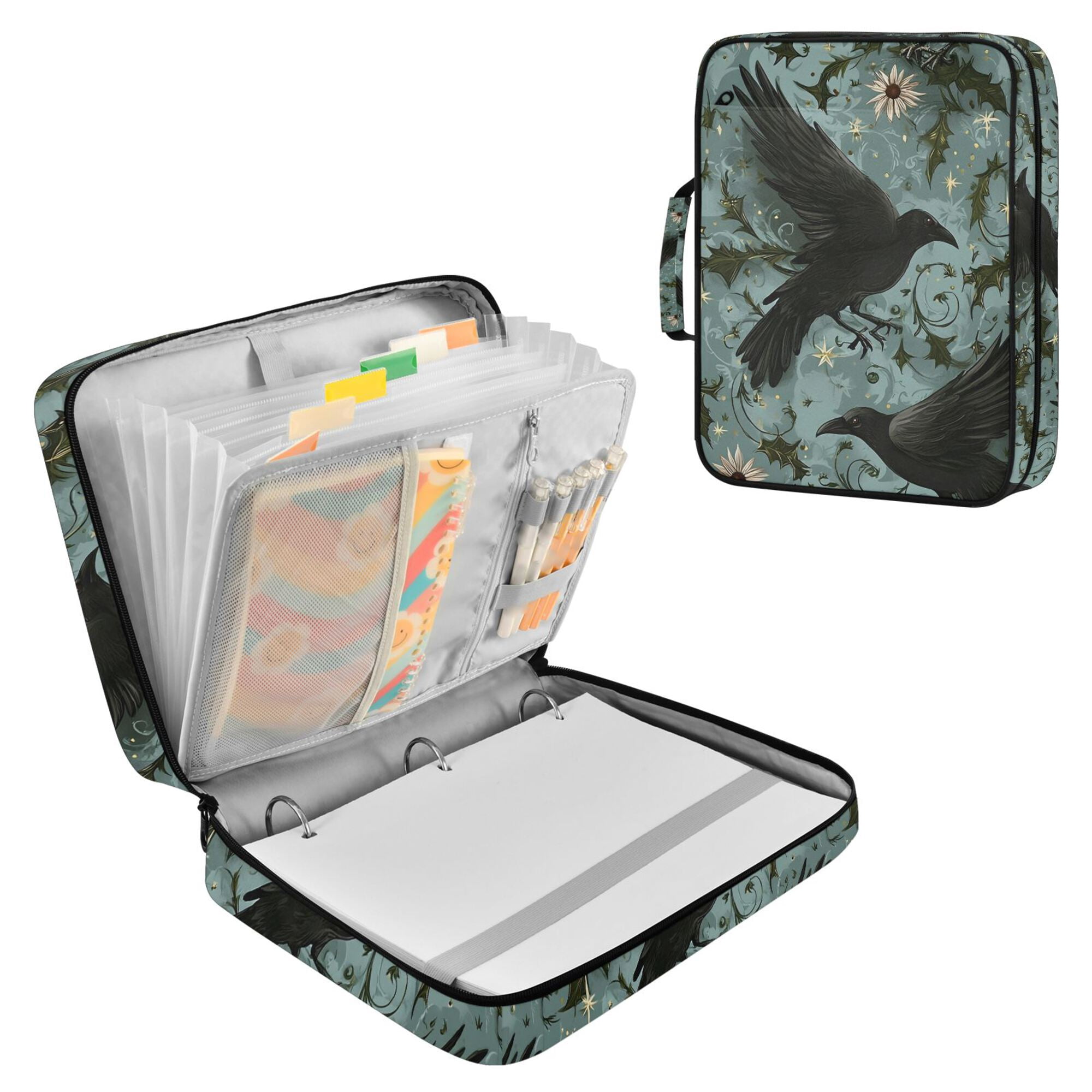 FORMRS Accordion File Folder A4 Size 7-Pocket Expanding Document Organizer Bag with 3 Ring Binder, Mystic Crows Pattern