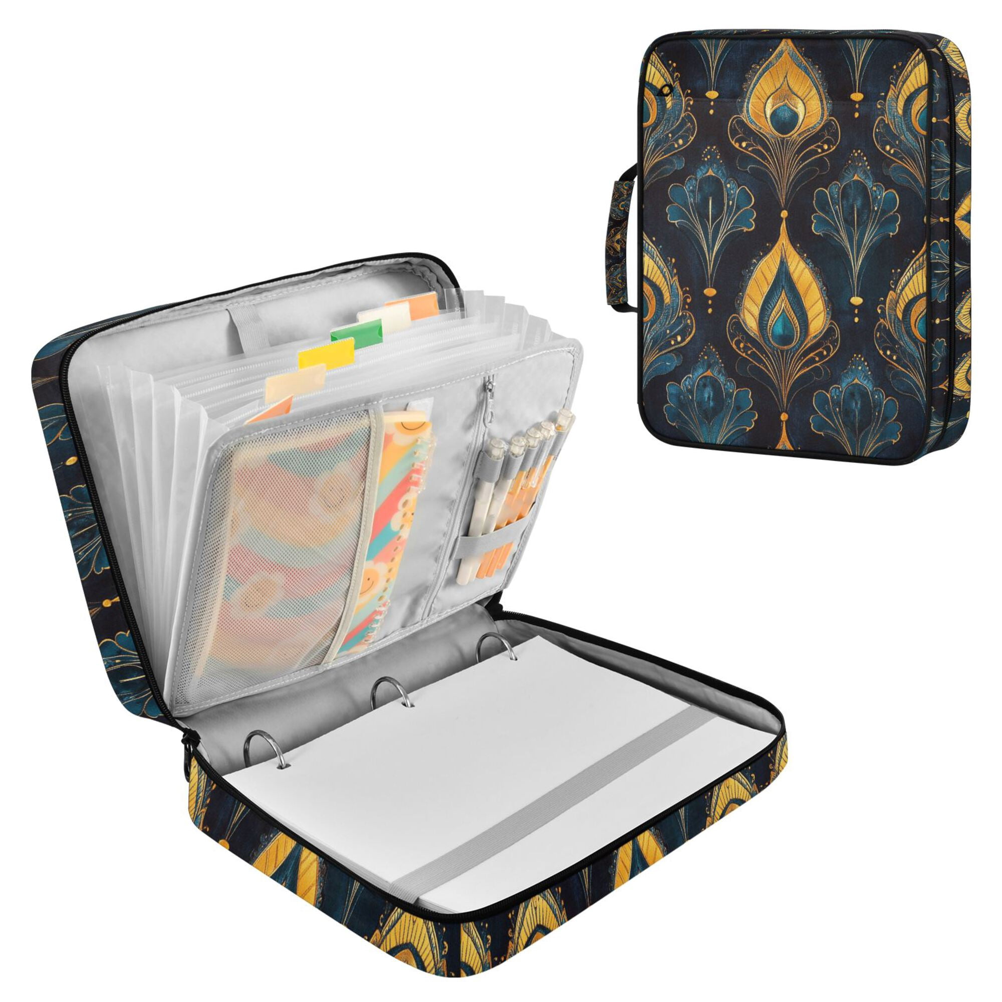 FORMRS Accordion File Folder A4 Size 7-Pocket Expanding Document Organizer Bag with 3 Ring Binder, Navy Blue Art Pattern