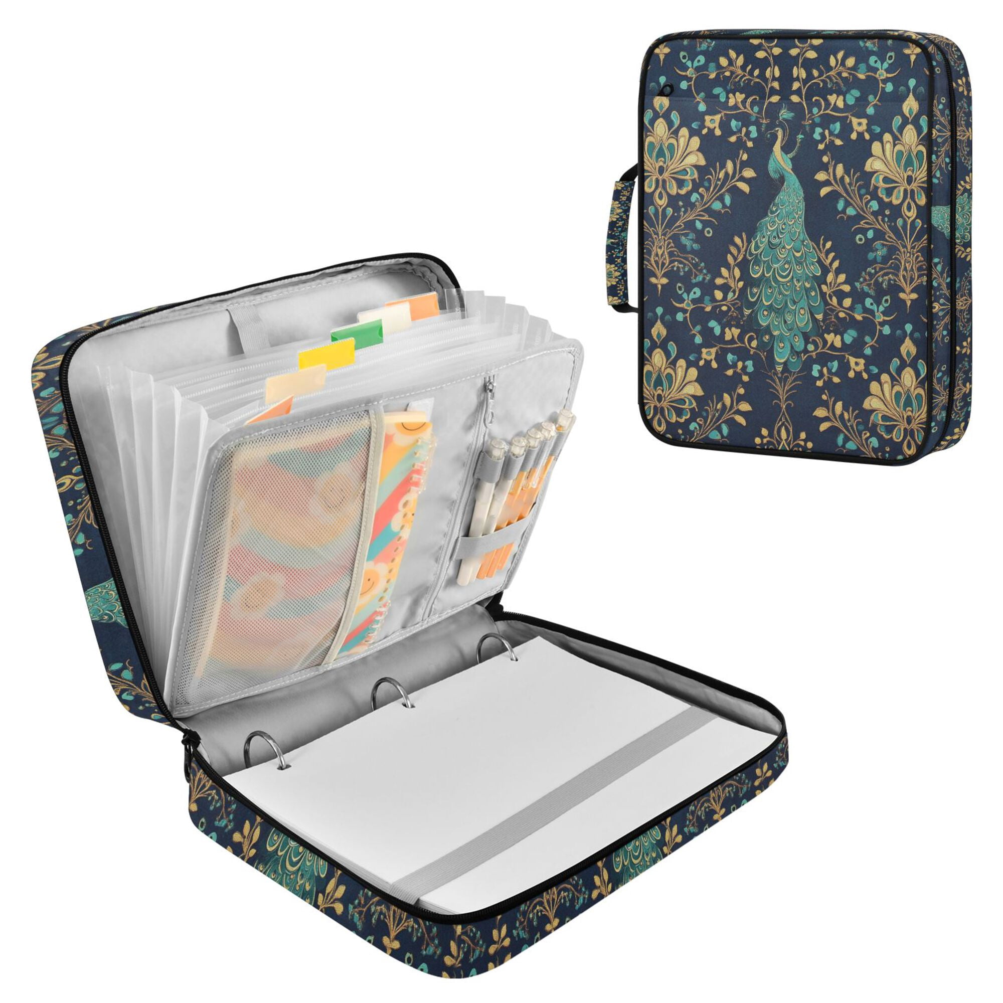 FORMRS Accordion File Folder A4 Size 7-Pocket Expanding Document Organizer Bag with 3 Ring Binder, Navy Blue Peacock Pattern
