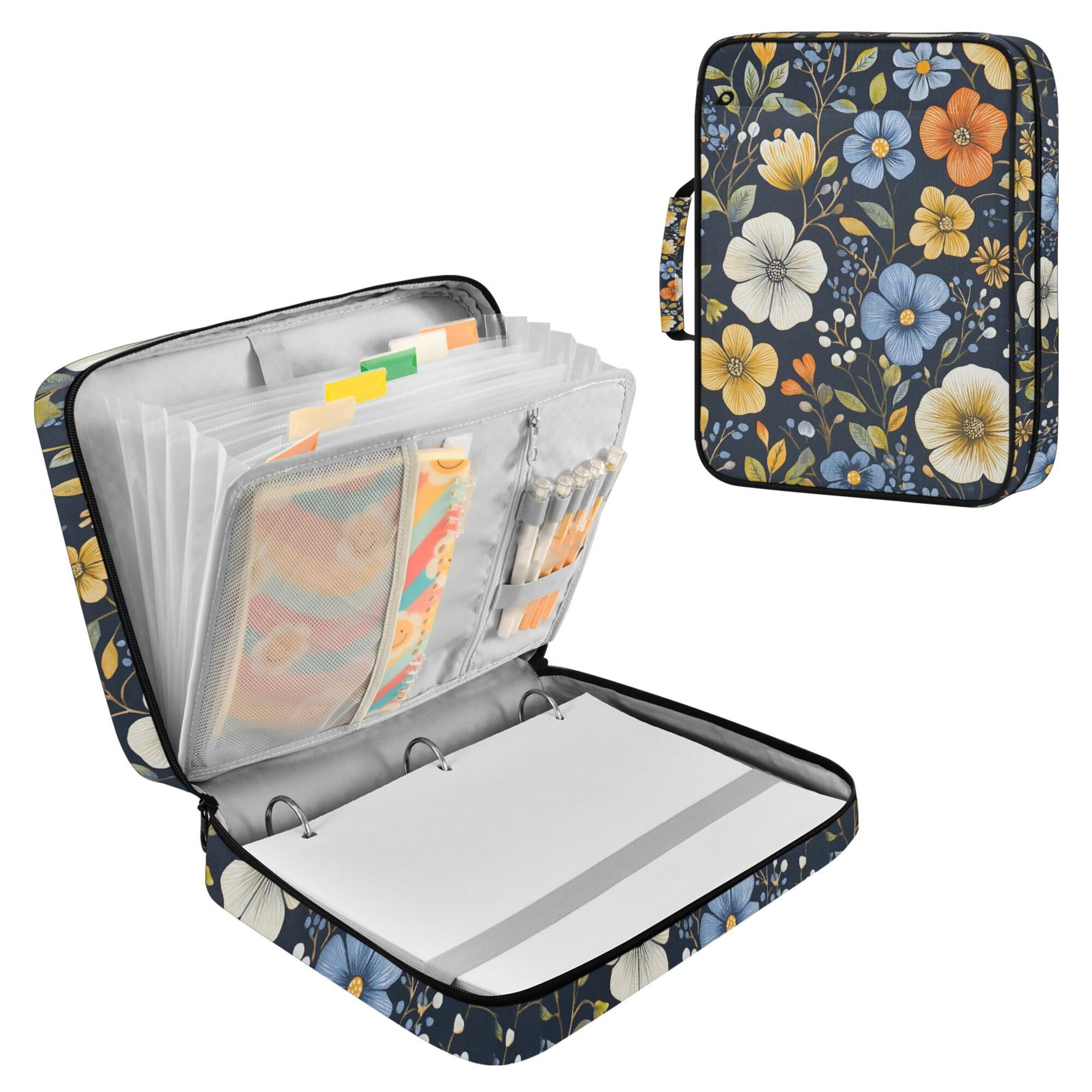 FORMRS Accordion File Folder A4 Size 7-Pocket Expanding Document Organizer Bag with 3 Ring Binder, Navy Floral Pattern