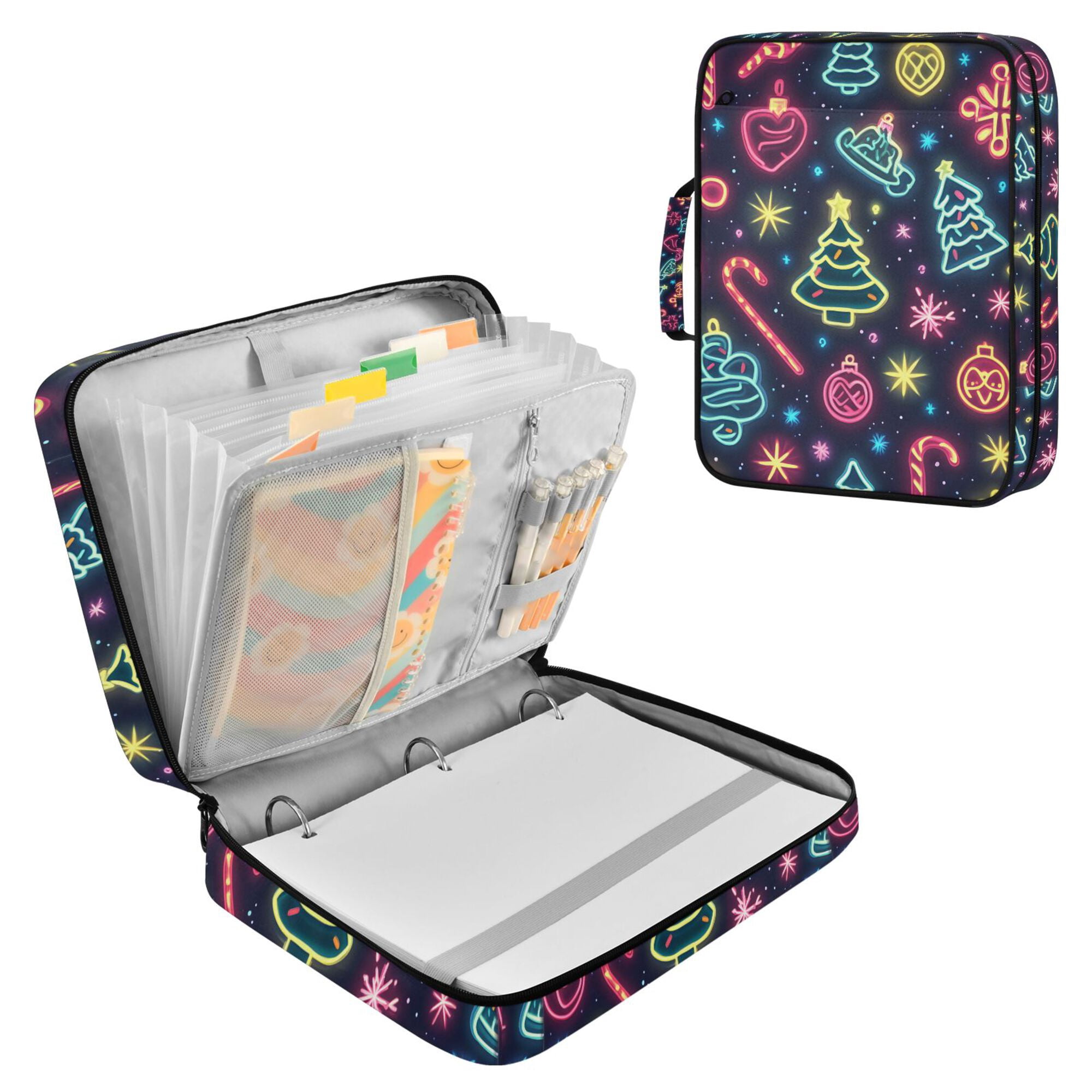 FORMRS Accordion File Folder A4 Size 7-Pocket Expanding Document Organizer Bag with 3 Ring Binder, Neon Christmas