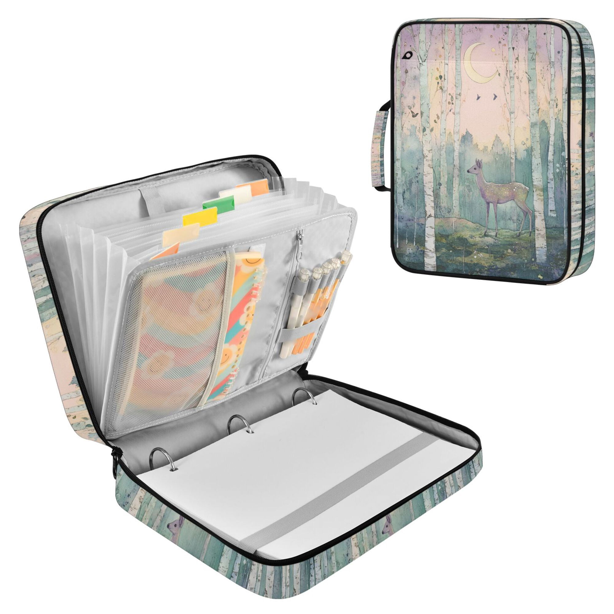 FORMRS Accordion File Folder A4 Size 7-Pocket Expanding Document Organizer Bag with 3 Ring Binder, Night Deer