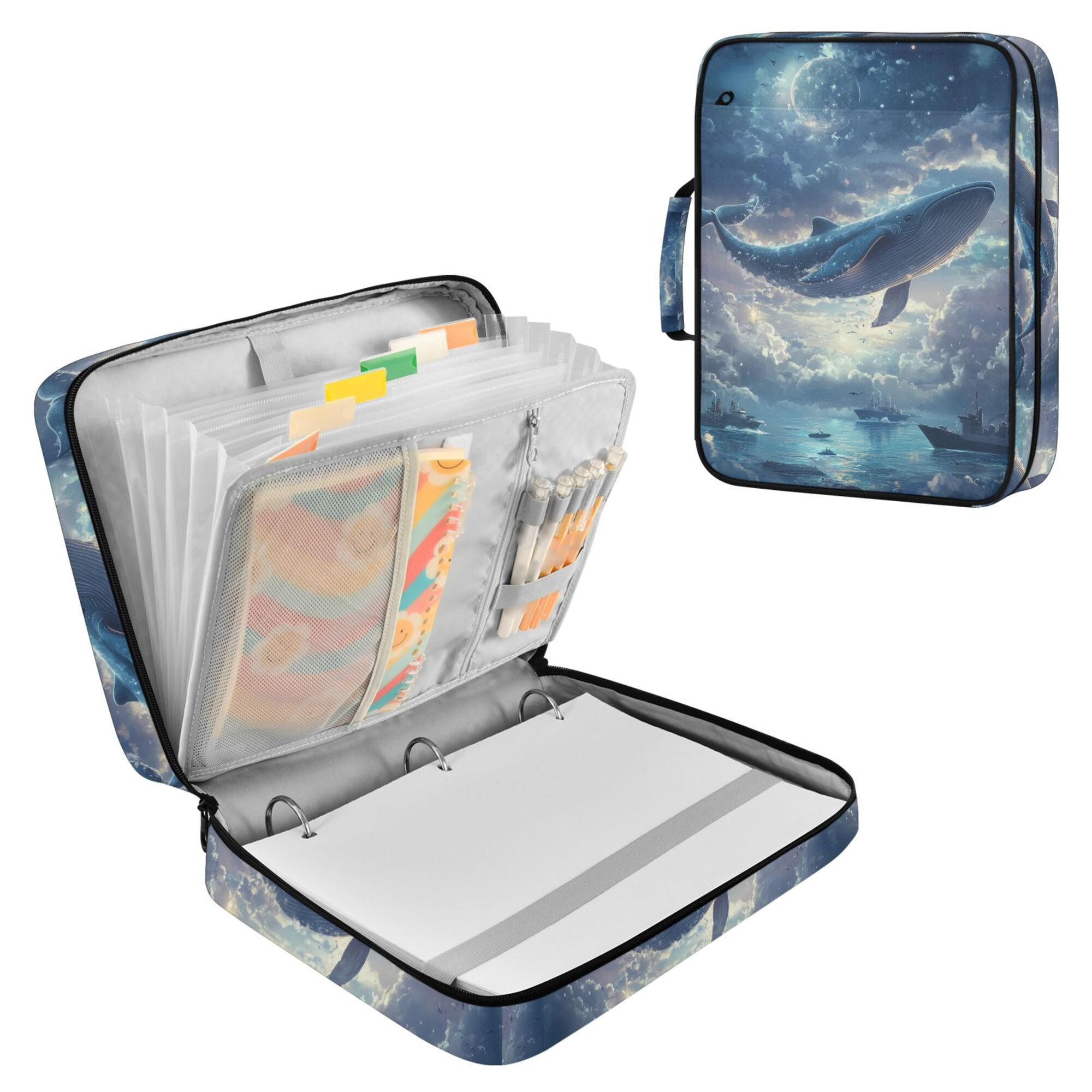 FORMRS Accordion File Folder A4 Size 7-Pocket Expanding Document Organizer Bag with 3 Ring Binder, Night Floating Whale