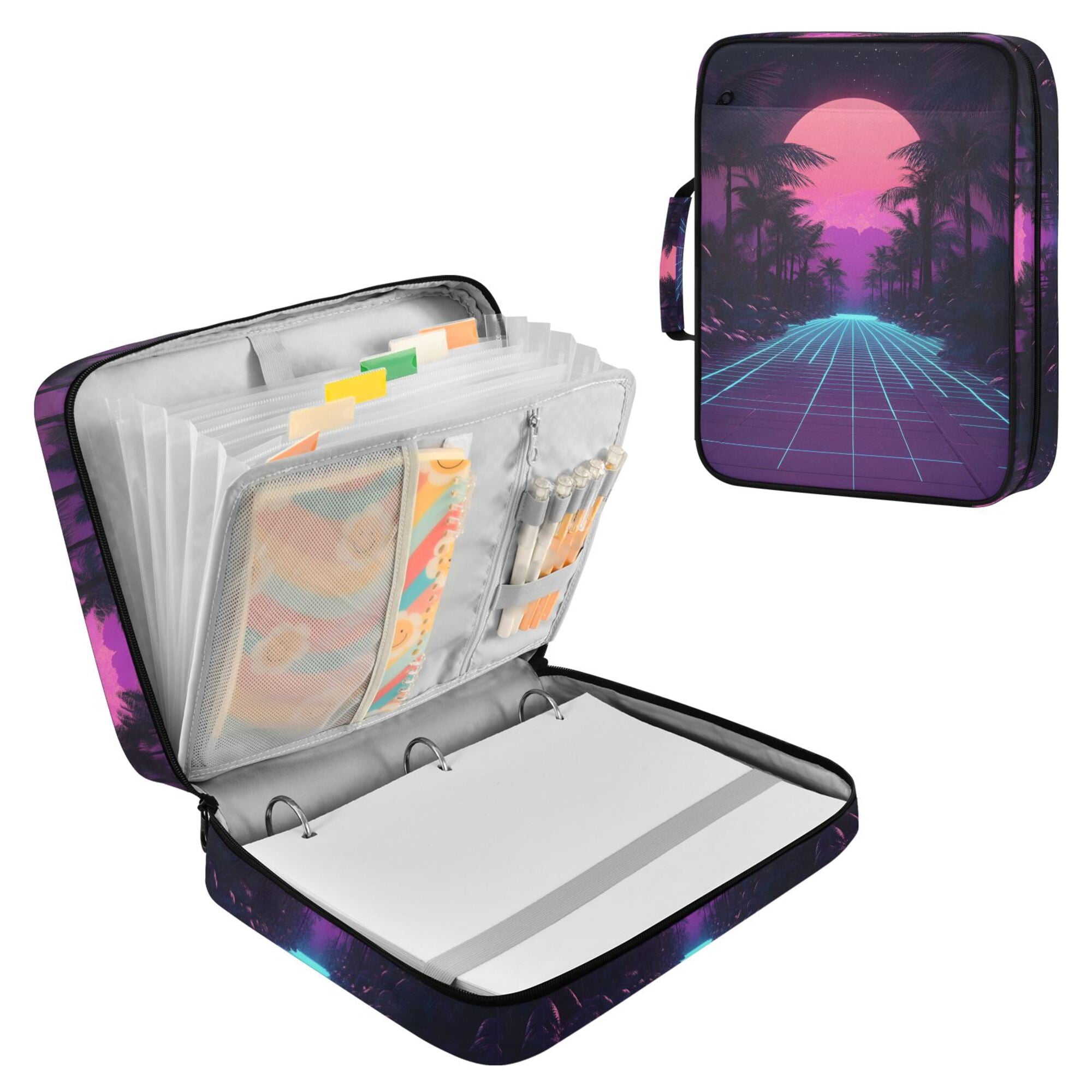 FORMRS Accordion File Folder A4 Size 7-Pocket Expanding Document Organizer Bag with 3 Ring Binder, Night Neon Road