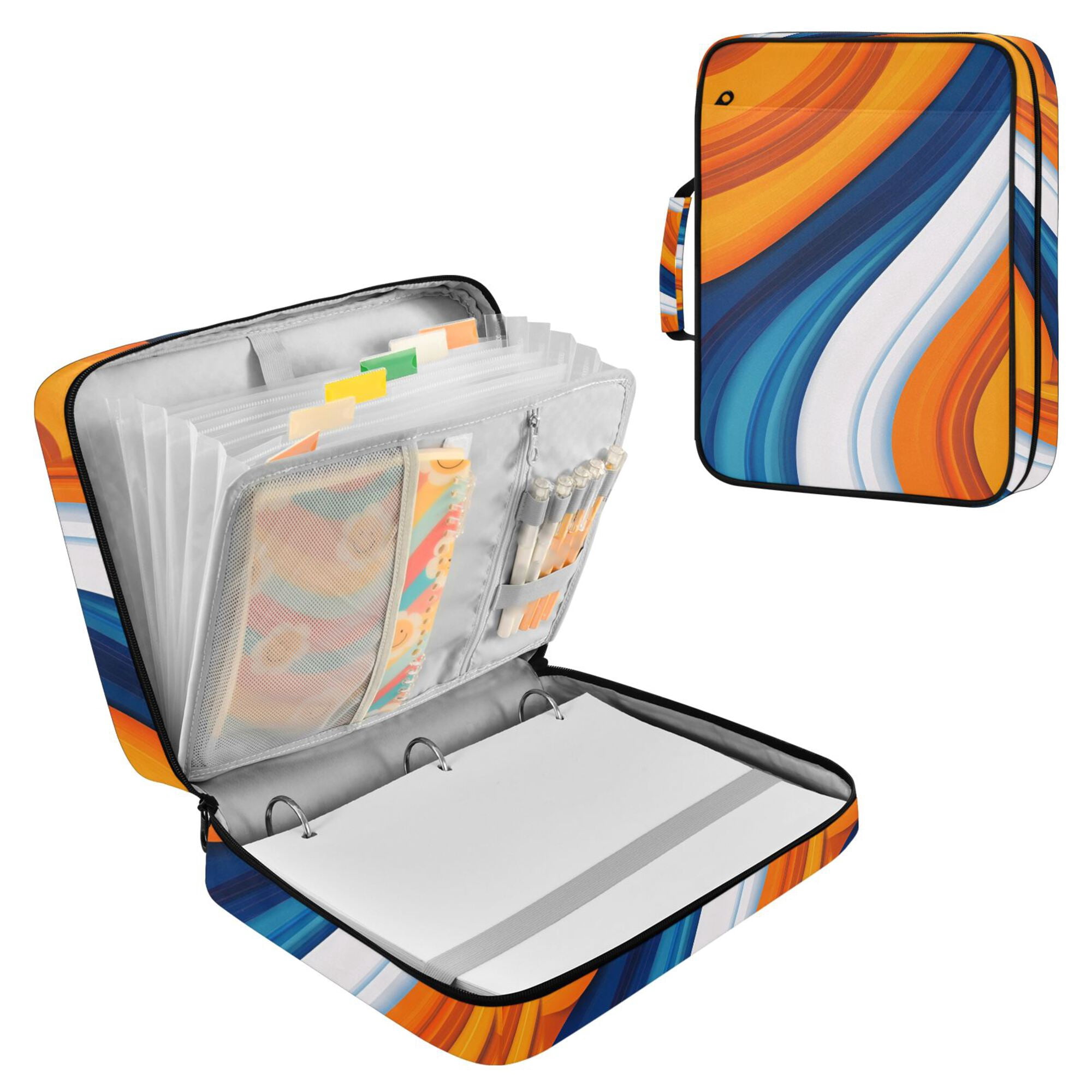 FORMRS Accordion File Folder A4 Size 7-Pocket Expanding Document Organizer Bag with 3 Ring Binder, Orange Abstract Wavy