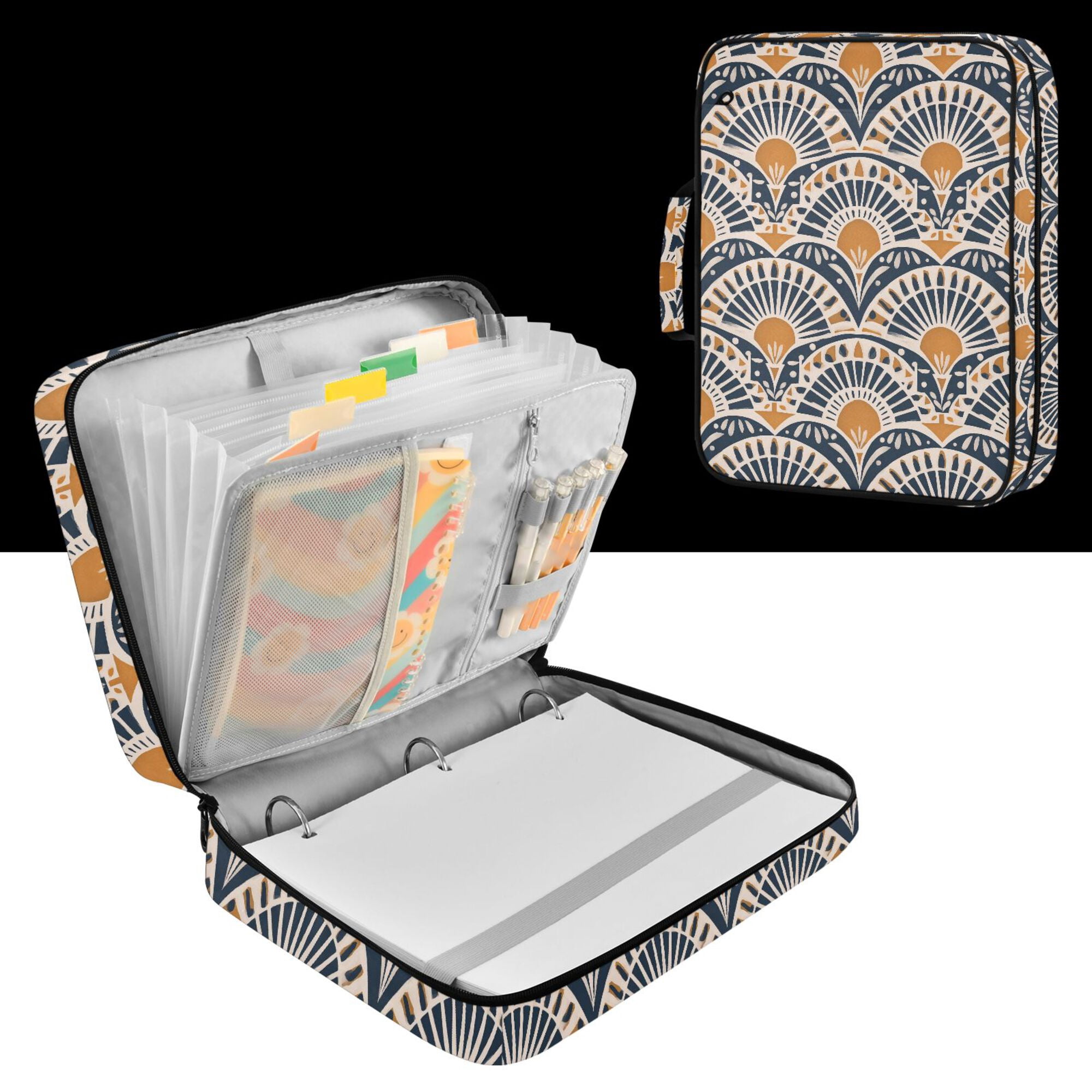FORMRS Accordion File Folder A4 Size 7-Pocket Expanding Document Organizer Bag with 3 Ring Binder, Orange Art Pattern