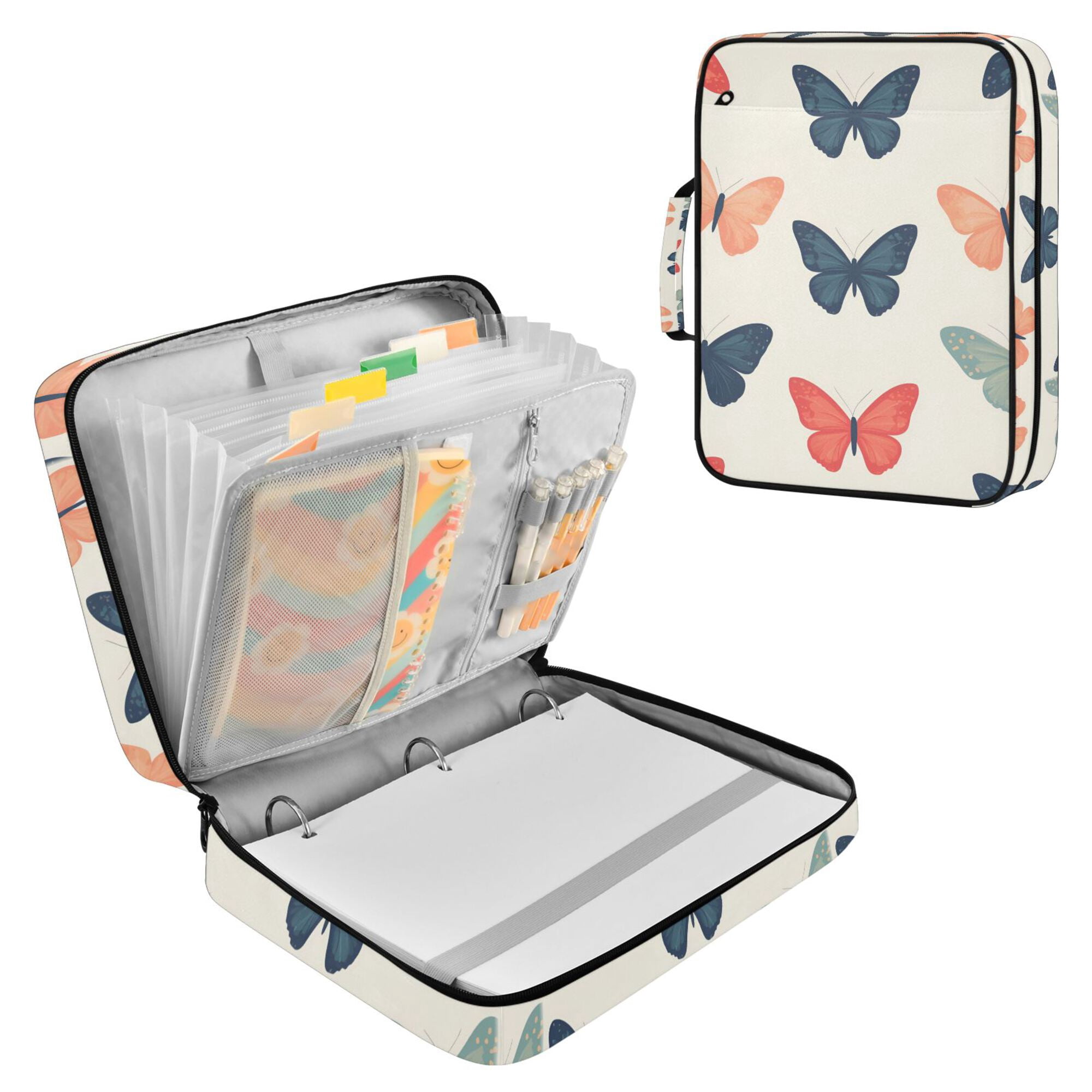 FORMRS Accordion File Folder A4 Size 7-Pocket Expanding Document Organizer Bag with 3 Ring Binder, Orange Butterflies