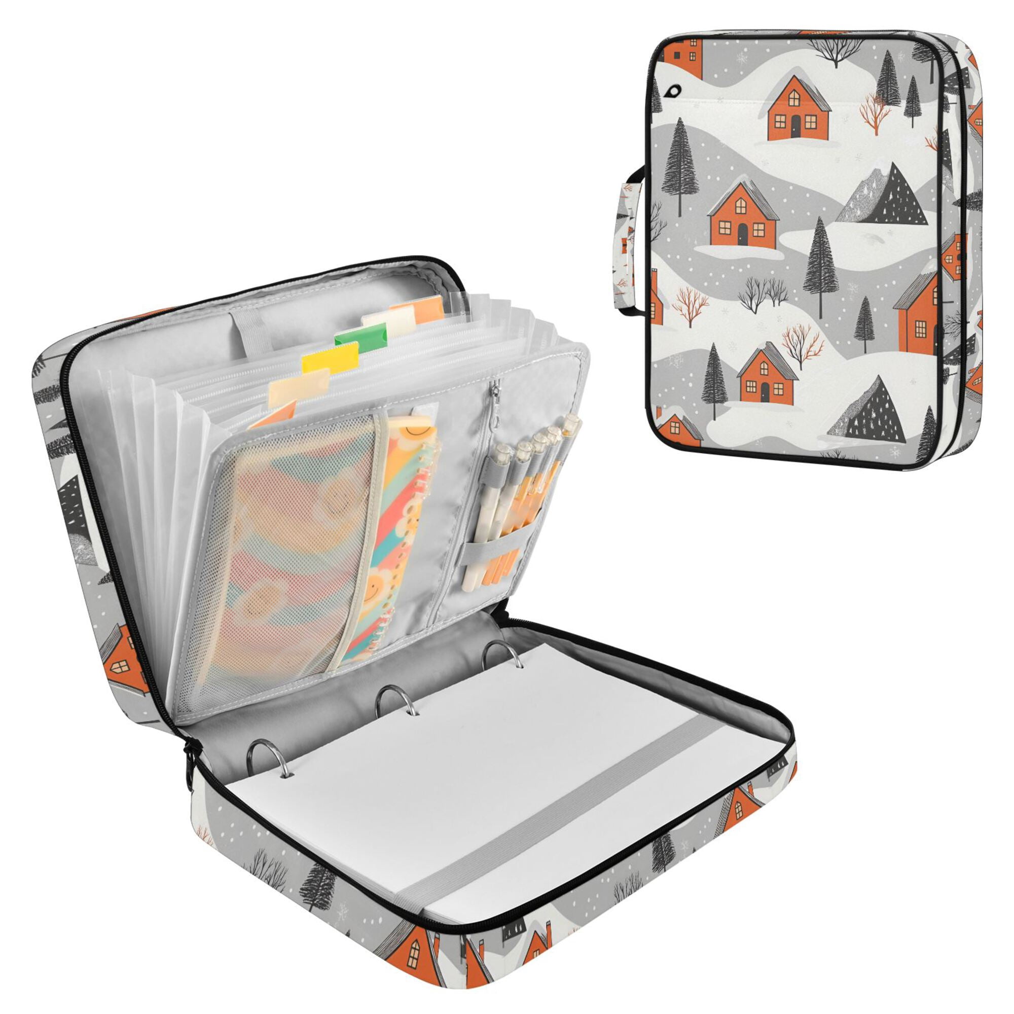 FORMRS Accordion File Folder A4 Size 7-Pocket Expanding Document Organizer Bag with 3 Ring Binder, Orange Cartoon Houses