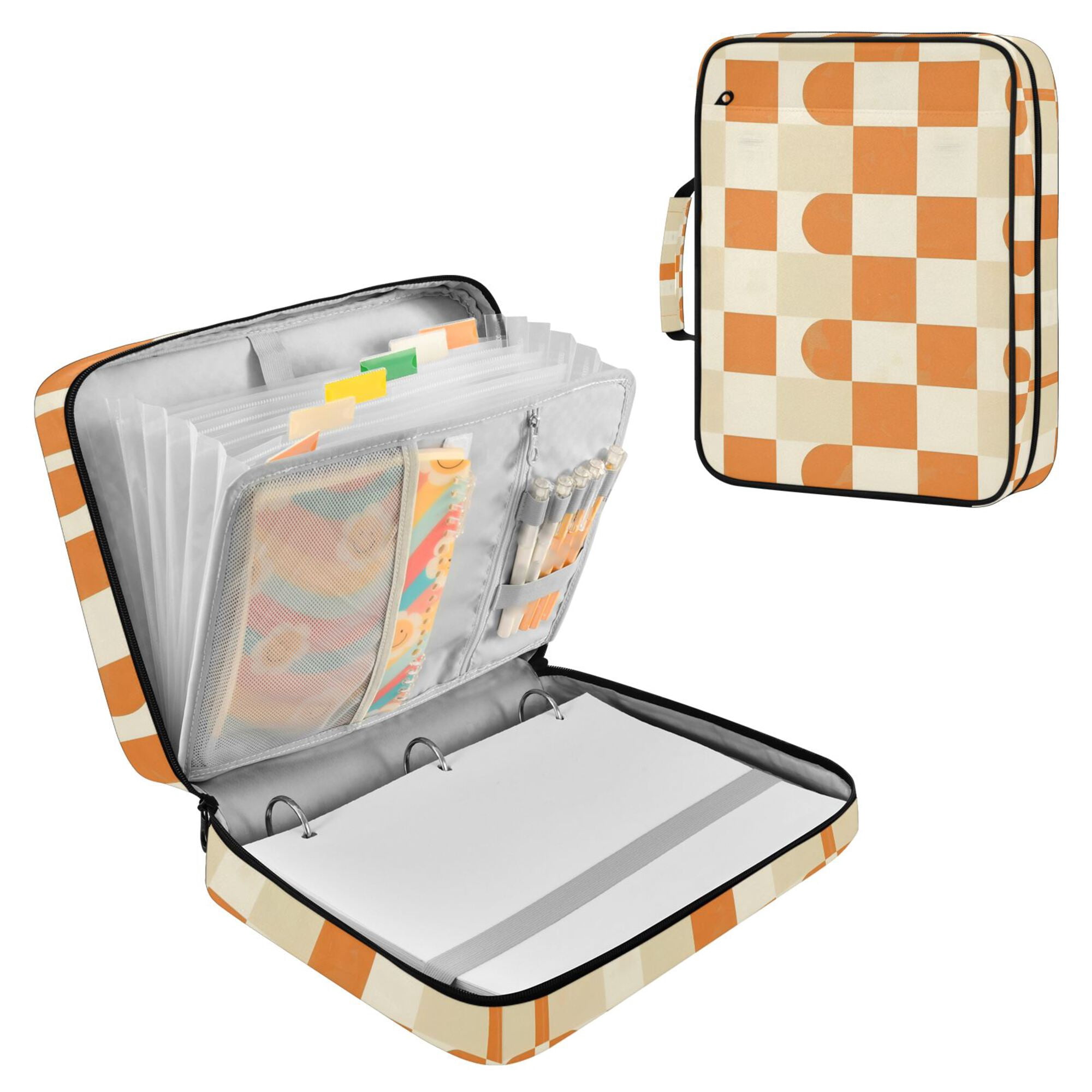 FORMRS Accordion File Folder A4 Size 7-Pocket Expanding Document Organizer Bag with 3 Ring Binder, Orange Checkered Pattern