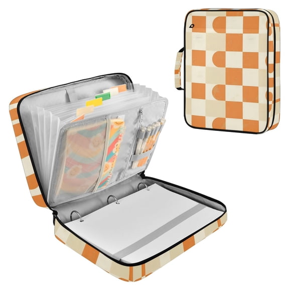 FORMRS Accordion File Folder A4 Size 7-Pocket Expanding Document Organizer Bag with 3 Ring Binder, Orange Checkered Pattern