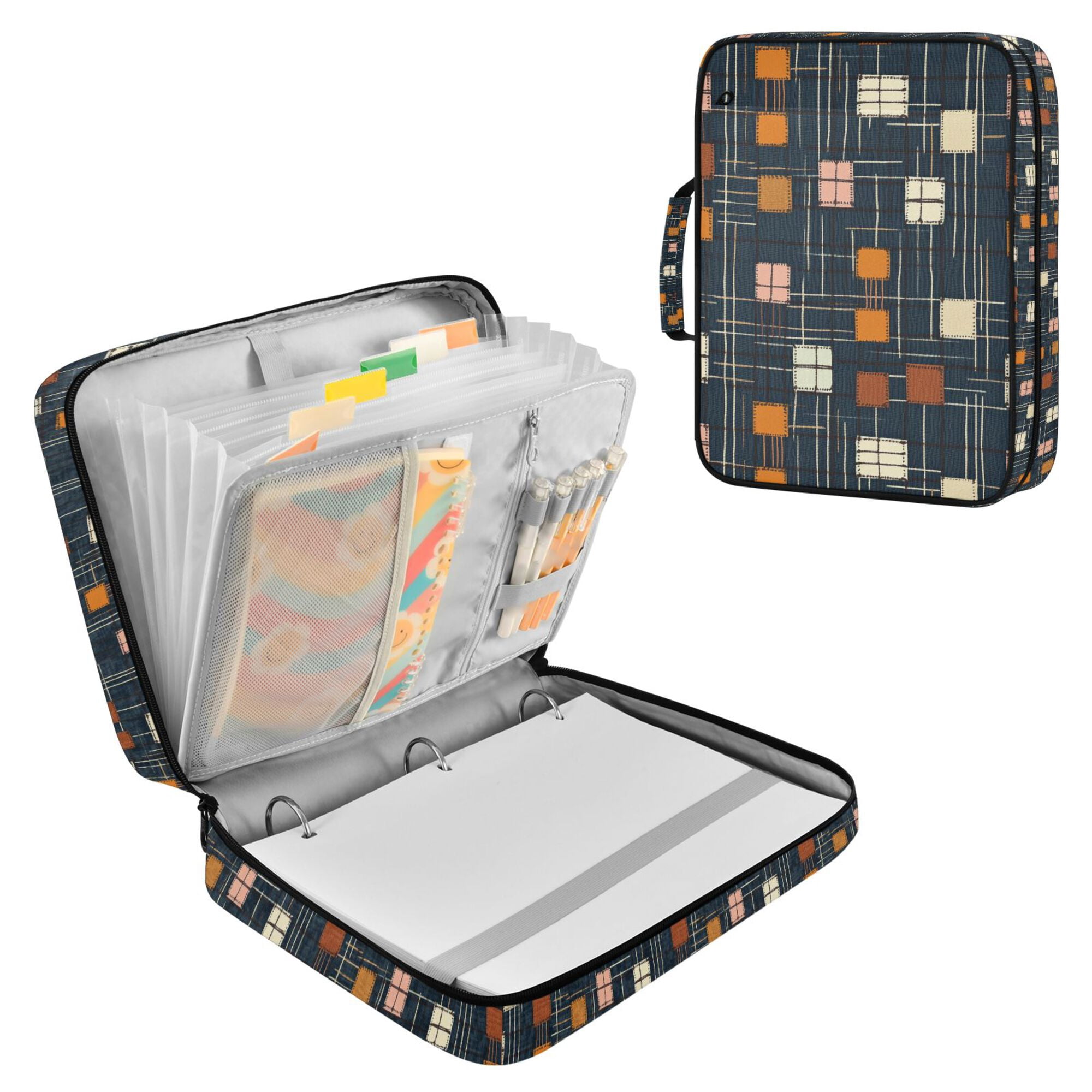 FORMRS Accordion File Folder A4 Size 7-Pocket Expanding Document Organizer Bag with 3 Ring Binder, Orange Checkered Pattern