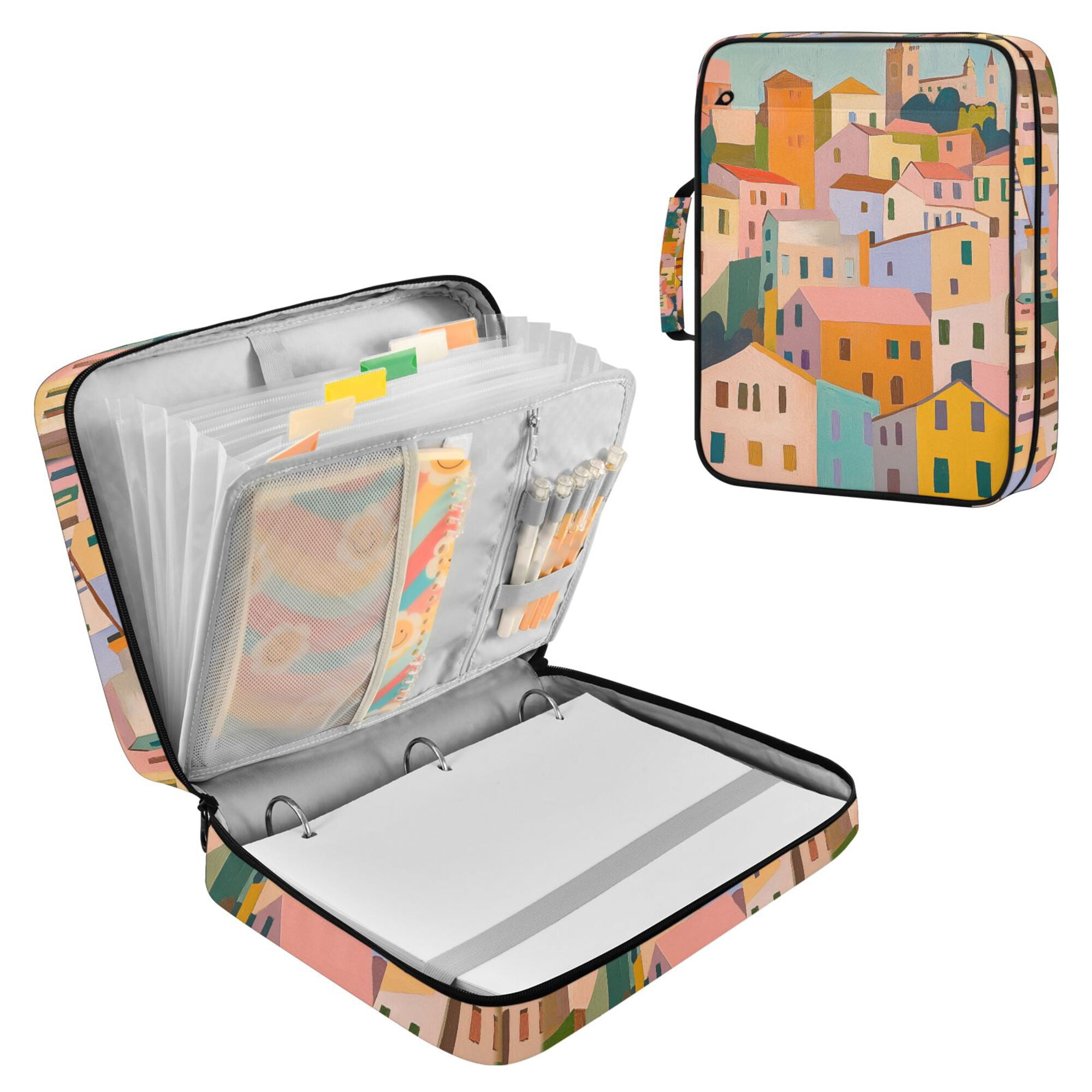 FORMRS Accordion File Folder A4 Size 7-Pocket Expanding Document Organizer Bag with 3 Ring Binder, Orange Cityscape Painting