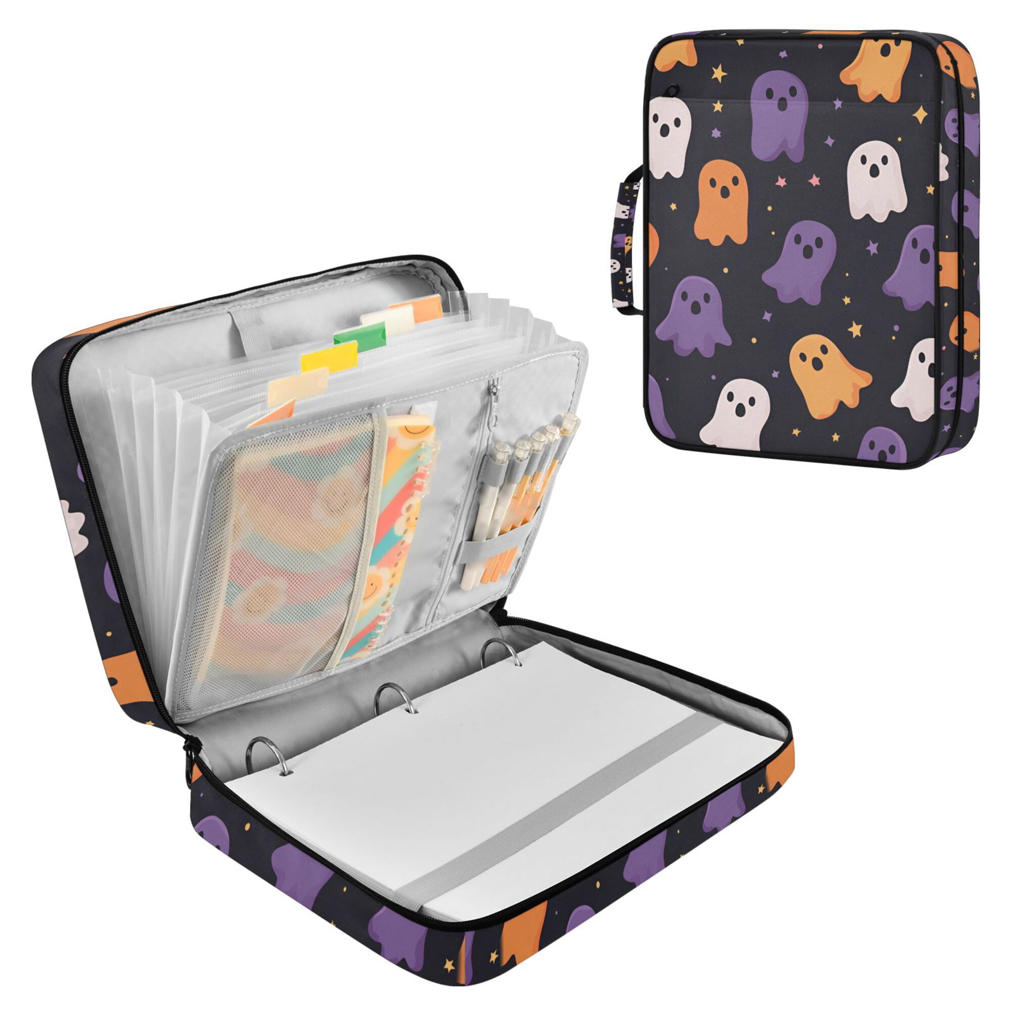 FORMRS Accordion File Folder A4 Size 7-Pocket Expanding Document Organizer Bag with 3 Ring Binder, Orange Halloween Ghosts
