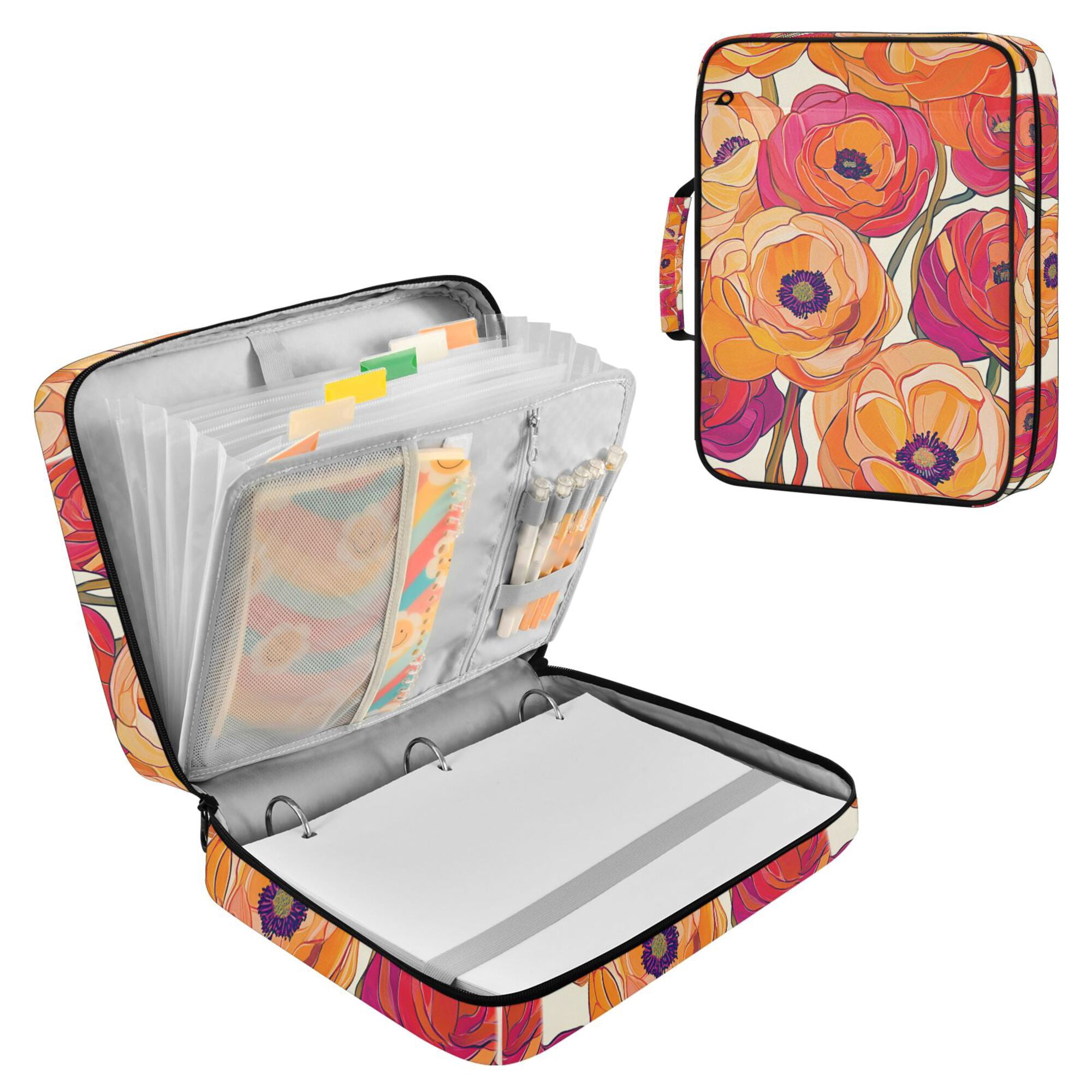 FORMRS Accordion File Folder A4 Size 7-Pocket Expanding Document Organizer Bag with 3 Ring Binder, Orange Hand Drawn Floral