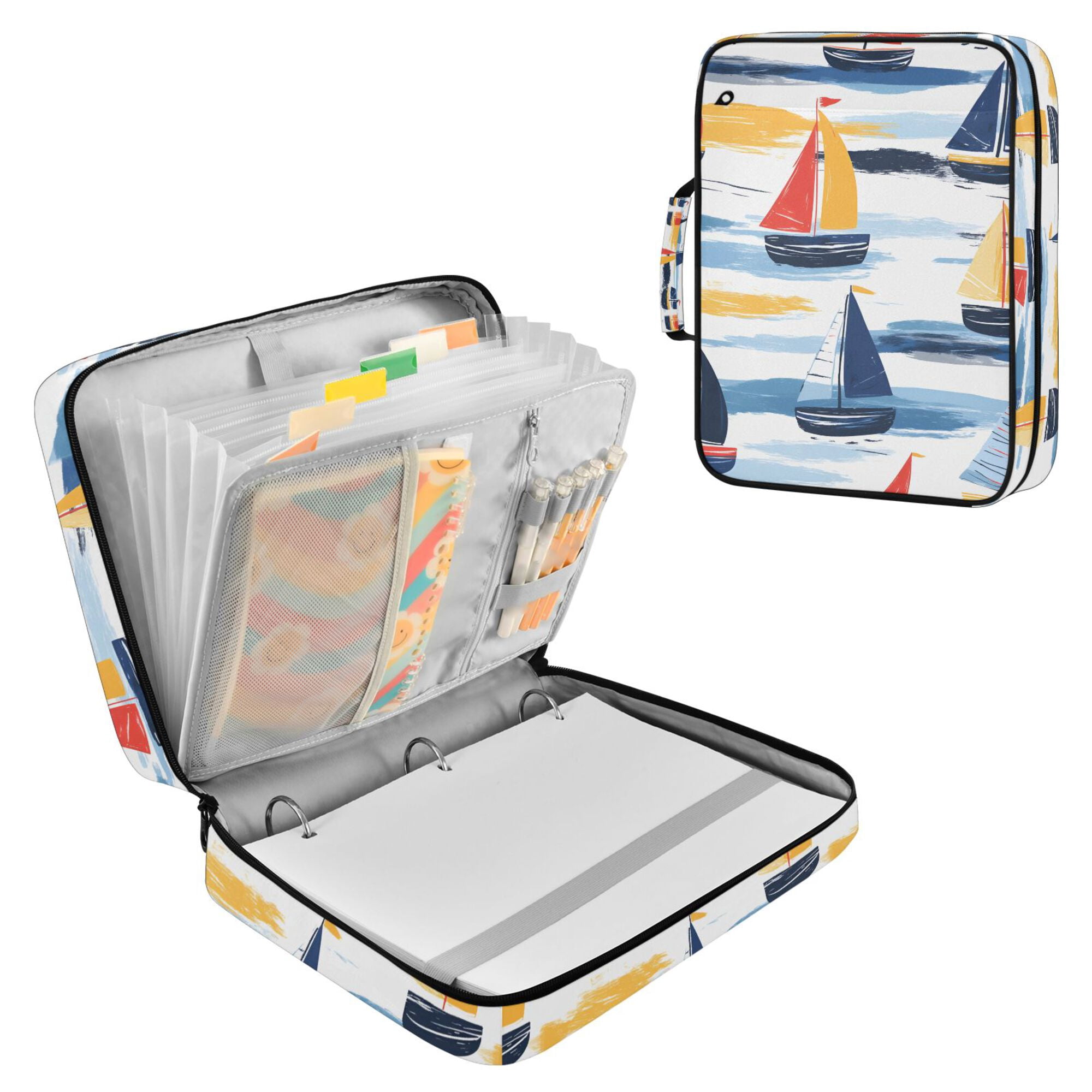 FORMRS Accordion File Folder A4 Size 7-Pocket Expanding Document Organizer Bag with 3 Ring Binder, Orange Hand Drawn Sailboats