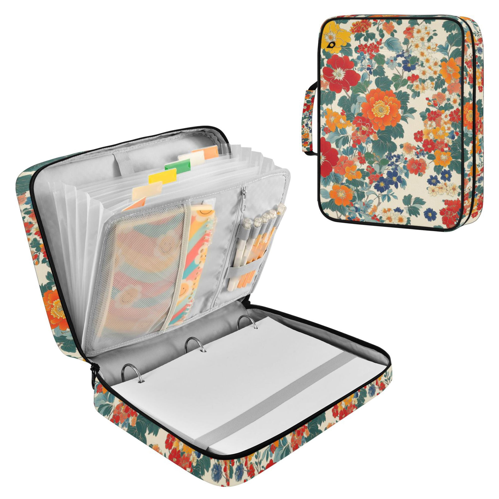FORMRS Accordion File Folder A4 Size 7-Pocket Expanding Document Organizer Bag with 3 Ring Binder, Orange Japanese Flowers Pattern