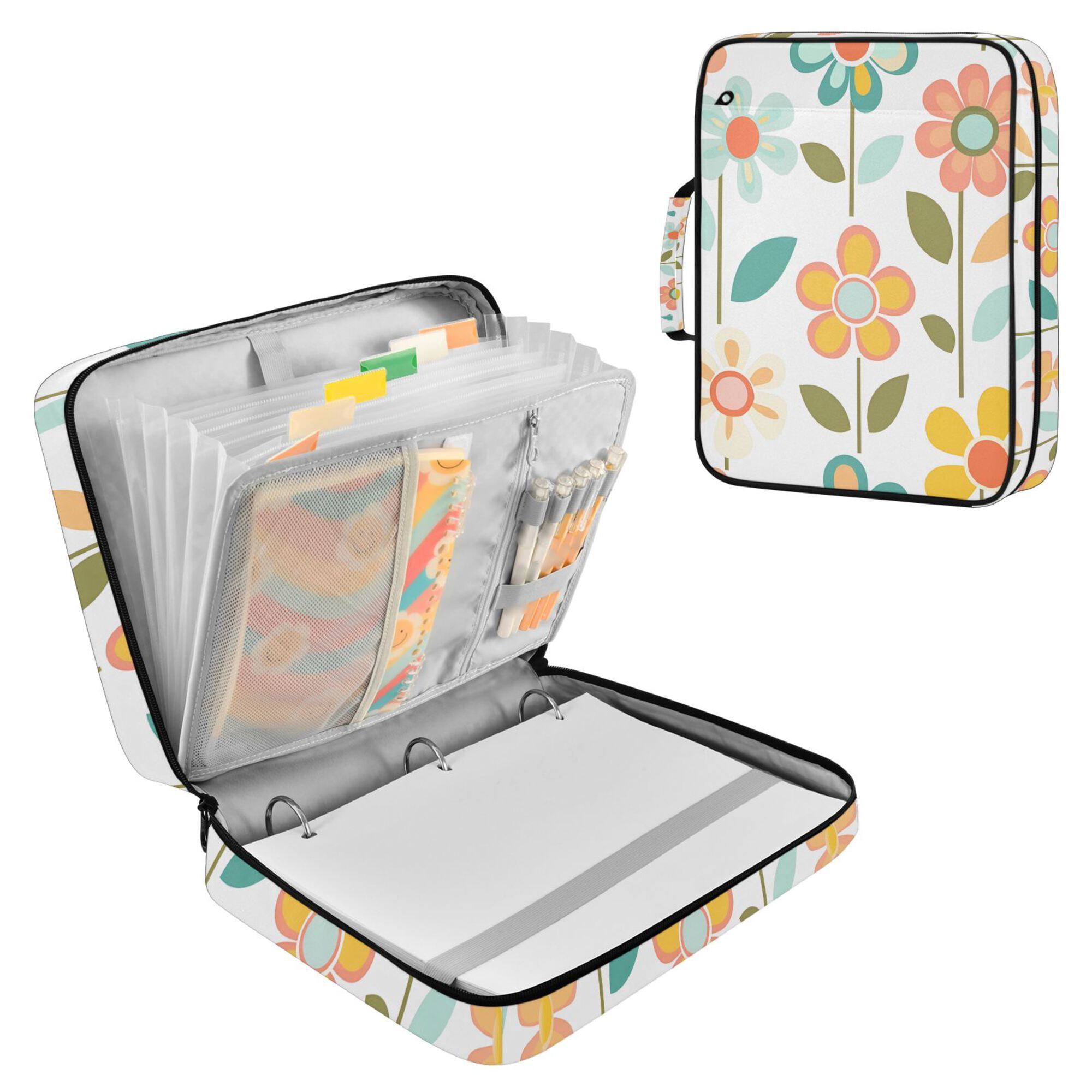 FORMRS Accordion File Folder A4 Size 7-Pocket Expanding Document Organizer Bag with 3 Ring Binder, Orange Retro Flower